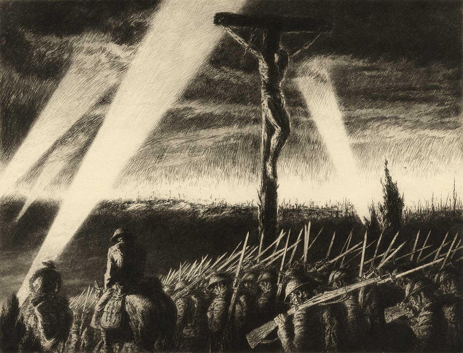 Kerr Eby Landscape Print - Barrage (Eby parallels WWI soldiers sacrifice with sacrifice of Christ on cross)