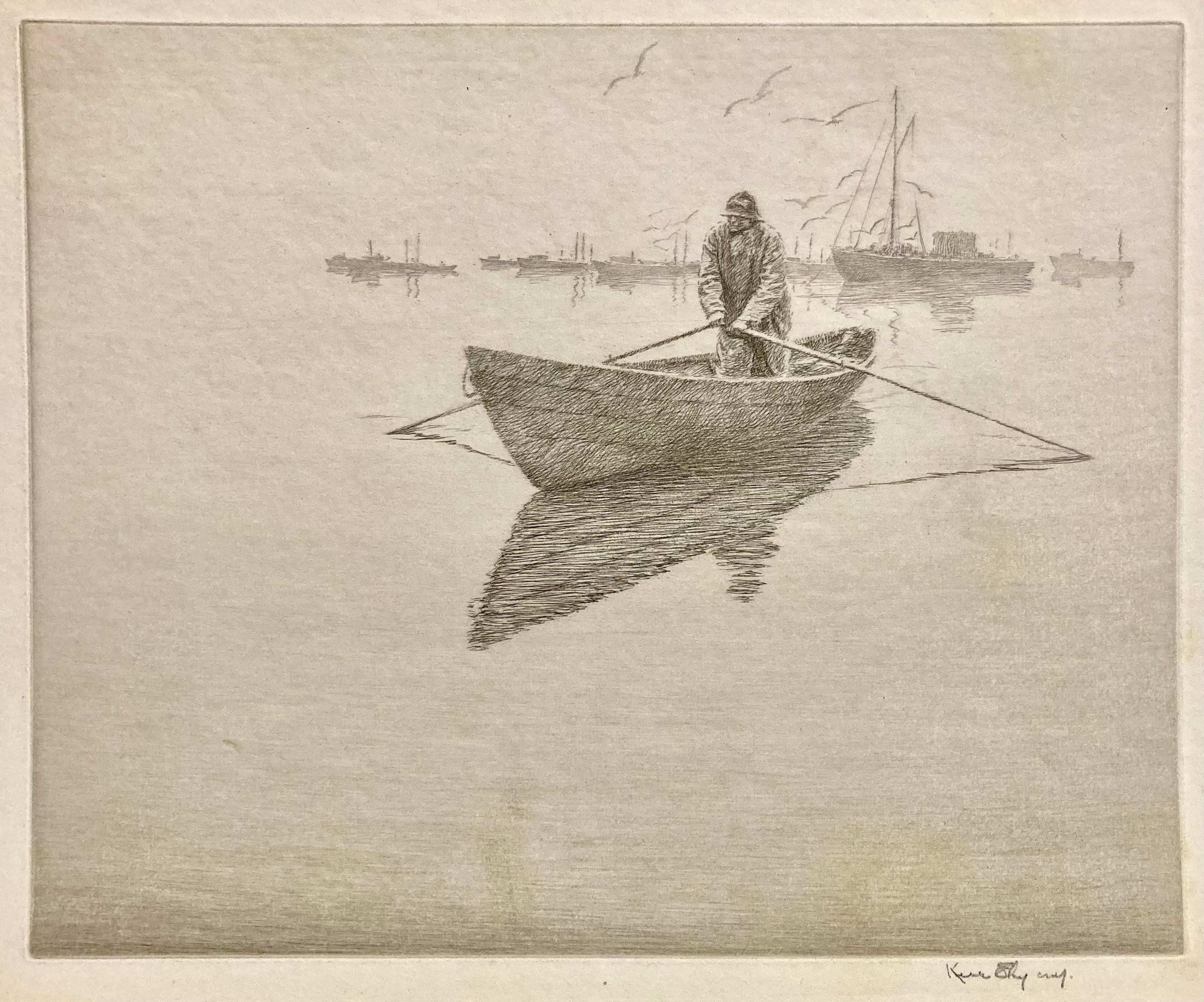 Although the title 'Lobster Fleet' calls to mind numerous vessels at sea in a single spot (and there's a group in the distance), in fact the print features a lone fisherman in a small row boat. Wearing protective gear, he is rowing to the pots; the