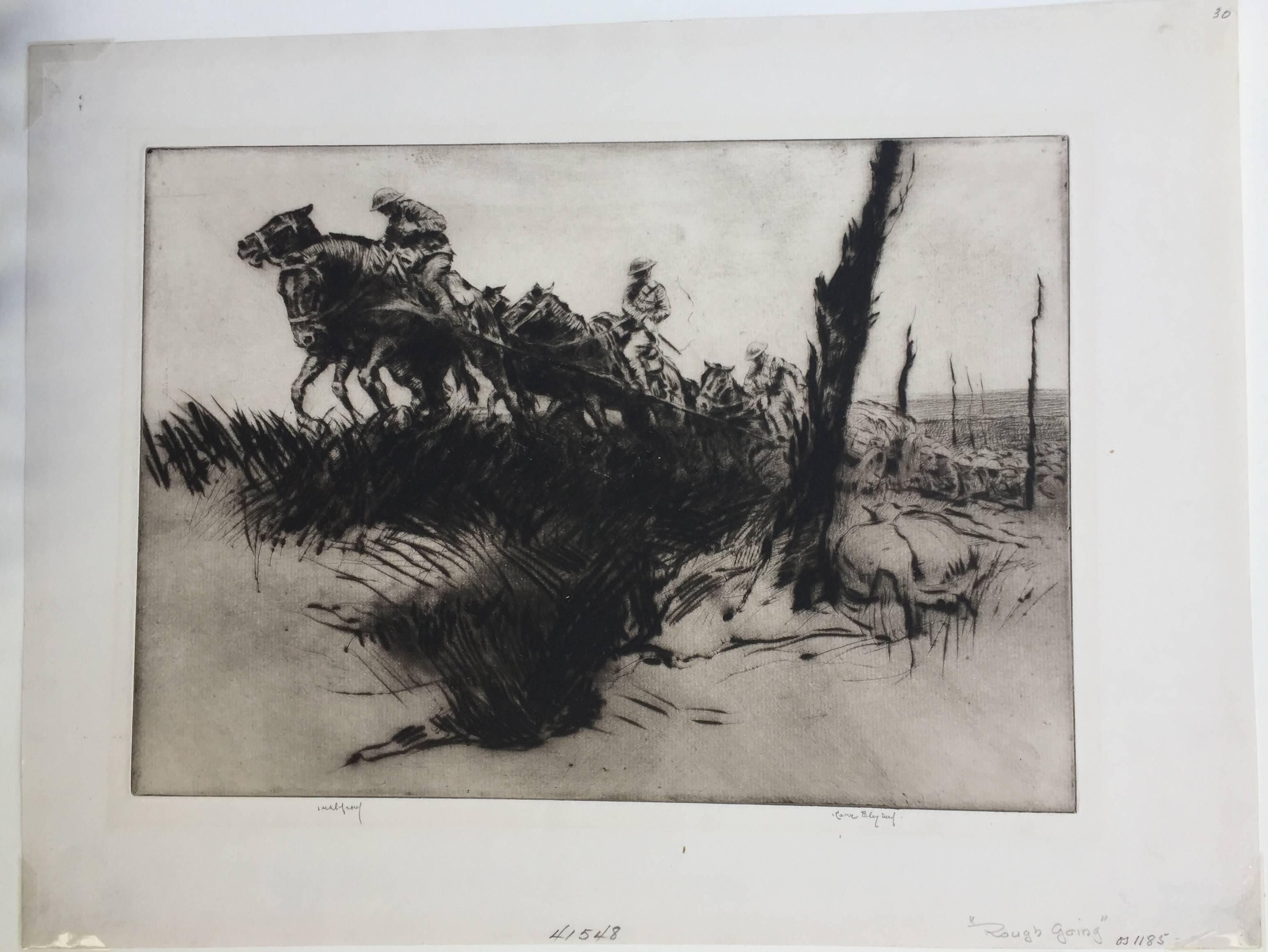 KERR (Harold) EBY (1889 - 1946)

ROUGH GOING, 1919 (Giardina 29). Drypoint, signed with imp. (meaning he printed it) and inscribed in pencil. Edition 60. 11 3/4 x 8 3/8 inches. An early impression with RICH VELVETY DRYPOINT and PLATE TONE. After