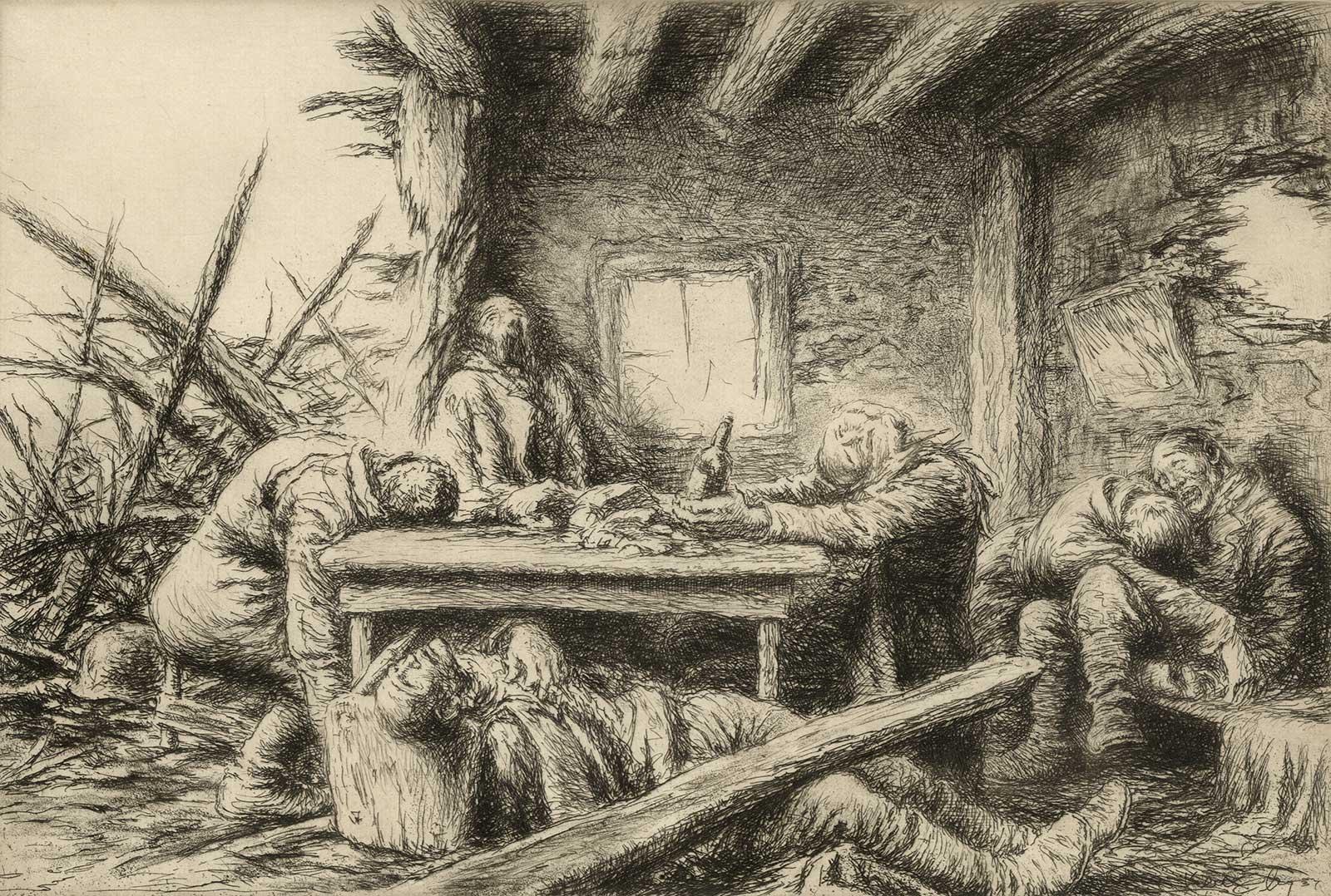 Kerr Eby Figurative Print - Th Last Supper (Macabre World War I image /dead soldiers in a bombed out house)