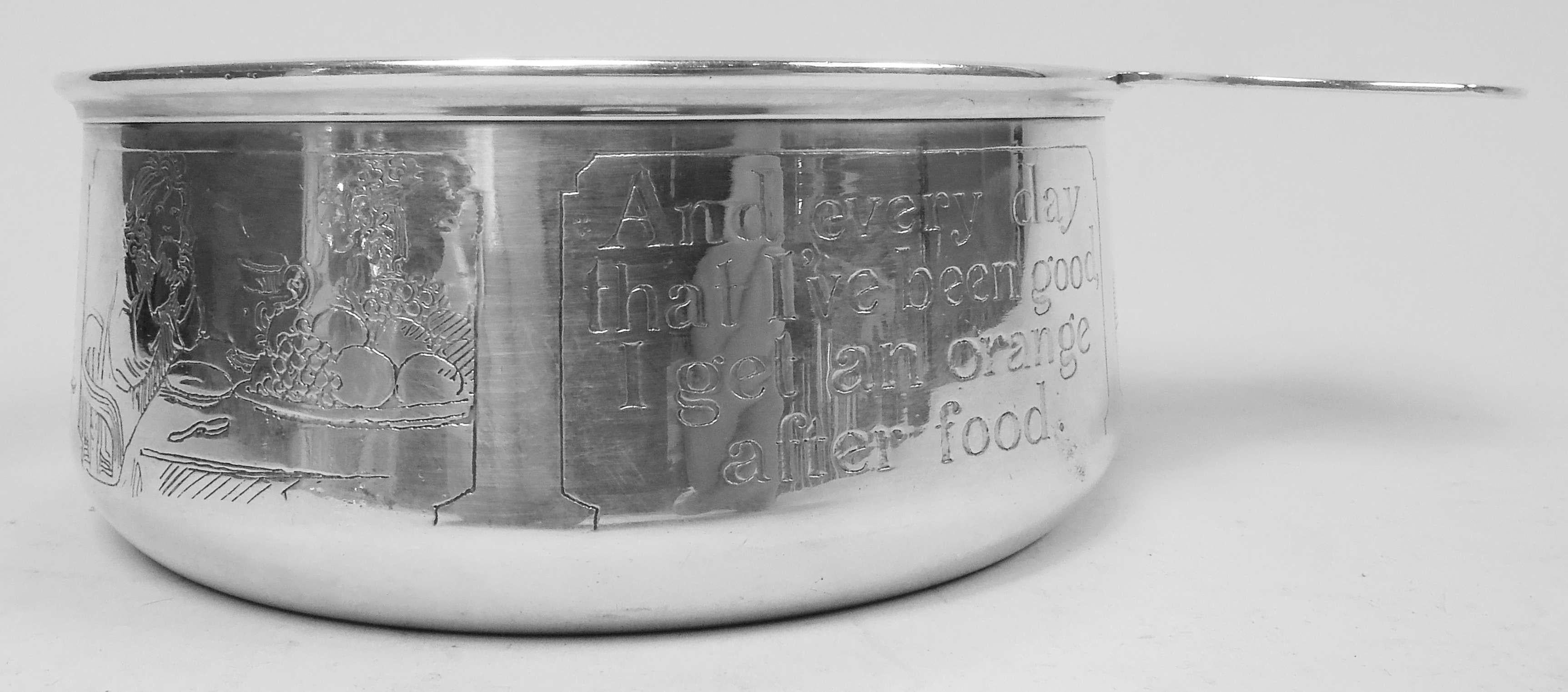 Edwardian sterling silver porringer. Made by William B. Kerr in Newark, ca 1910. Round with gently upward tapering sides and solid shaped handle. Rectilinear frames with etched scenes of girl kneeling in prayer, feasting from a fruit platter, and
