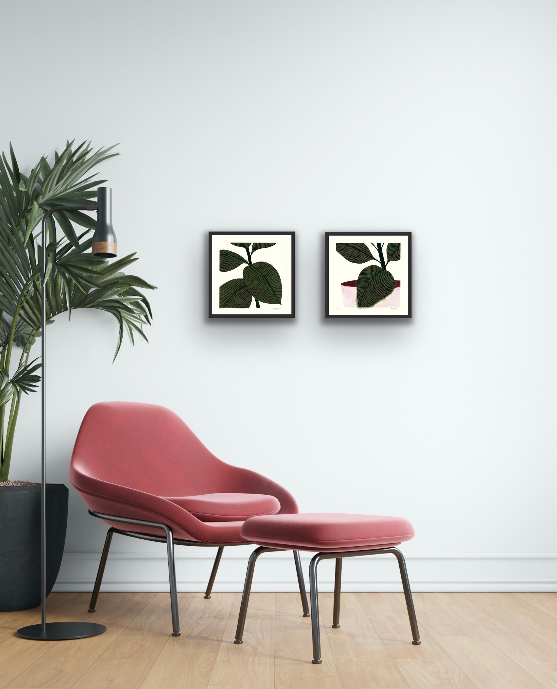 Rubber Plant II and Rubber Plant III diptych - Gray Still-Life Print by Kerry Day