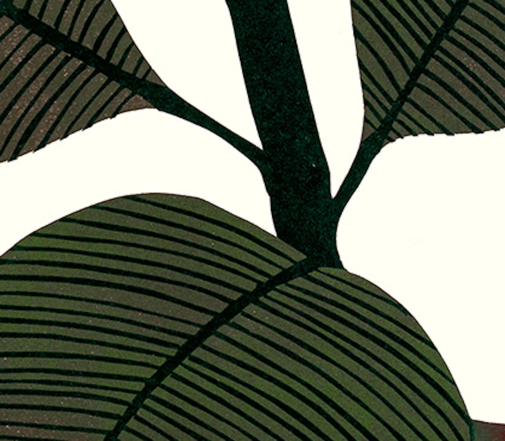 'Rubber Plant III' is a multi layered reduction Lino Print in a varied edition of 10. Based on Kerry's love of her house plants, she wanted to depict the subtle pattern in the rubber plant leaves and their bold architectural form.

Kerry Day's