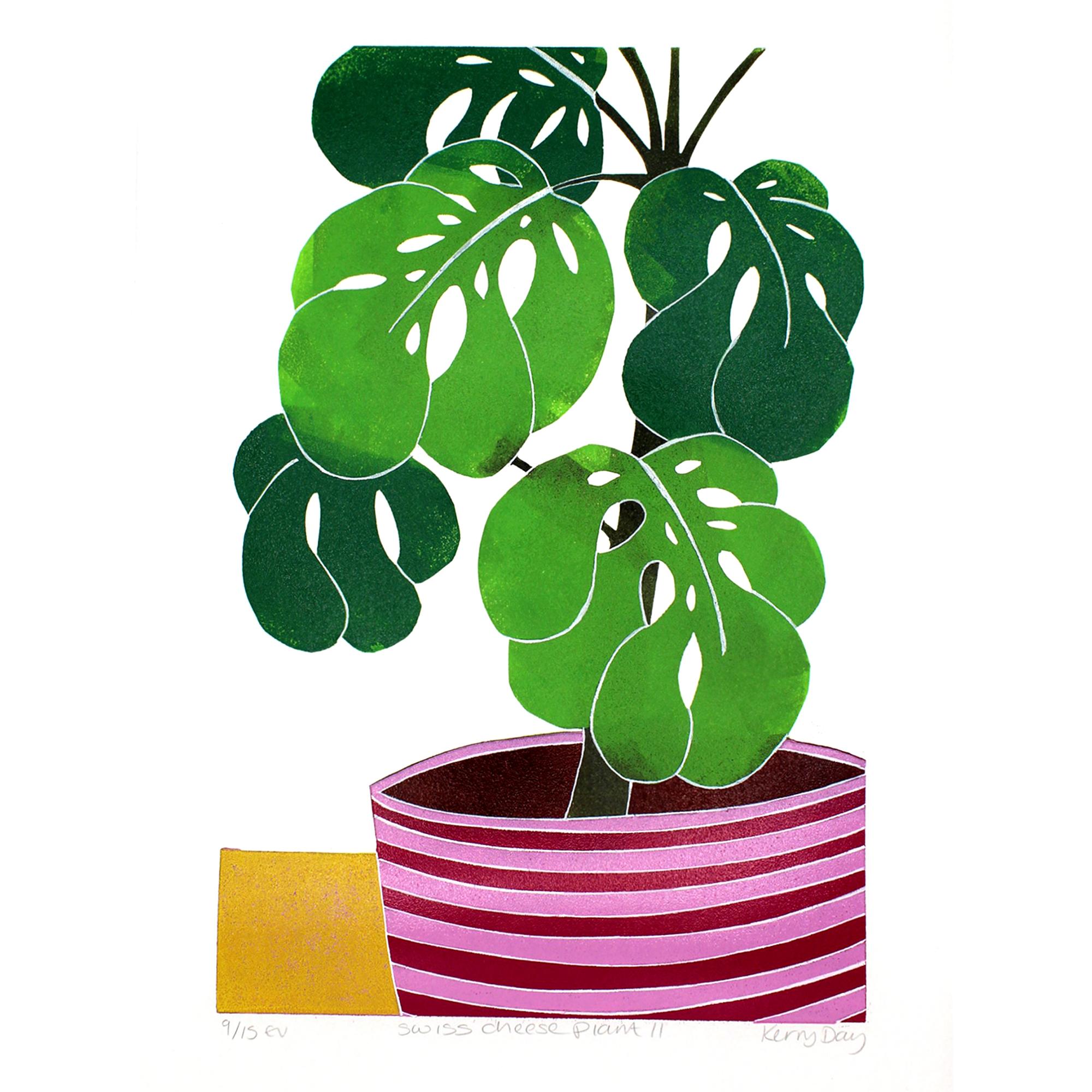 Swiss Cheese Plant II by Kerry Day [2021]
 
Swiss Cheese Plant II is a colourful Lino Print of the popular Monstera House Plant Printed by hand using the reduction print method, with 9 layers, in an varied limited edition of 15 Printed on onto