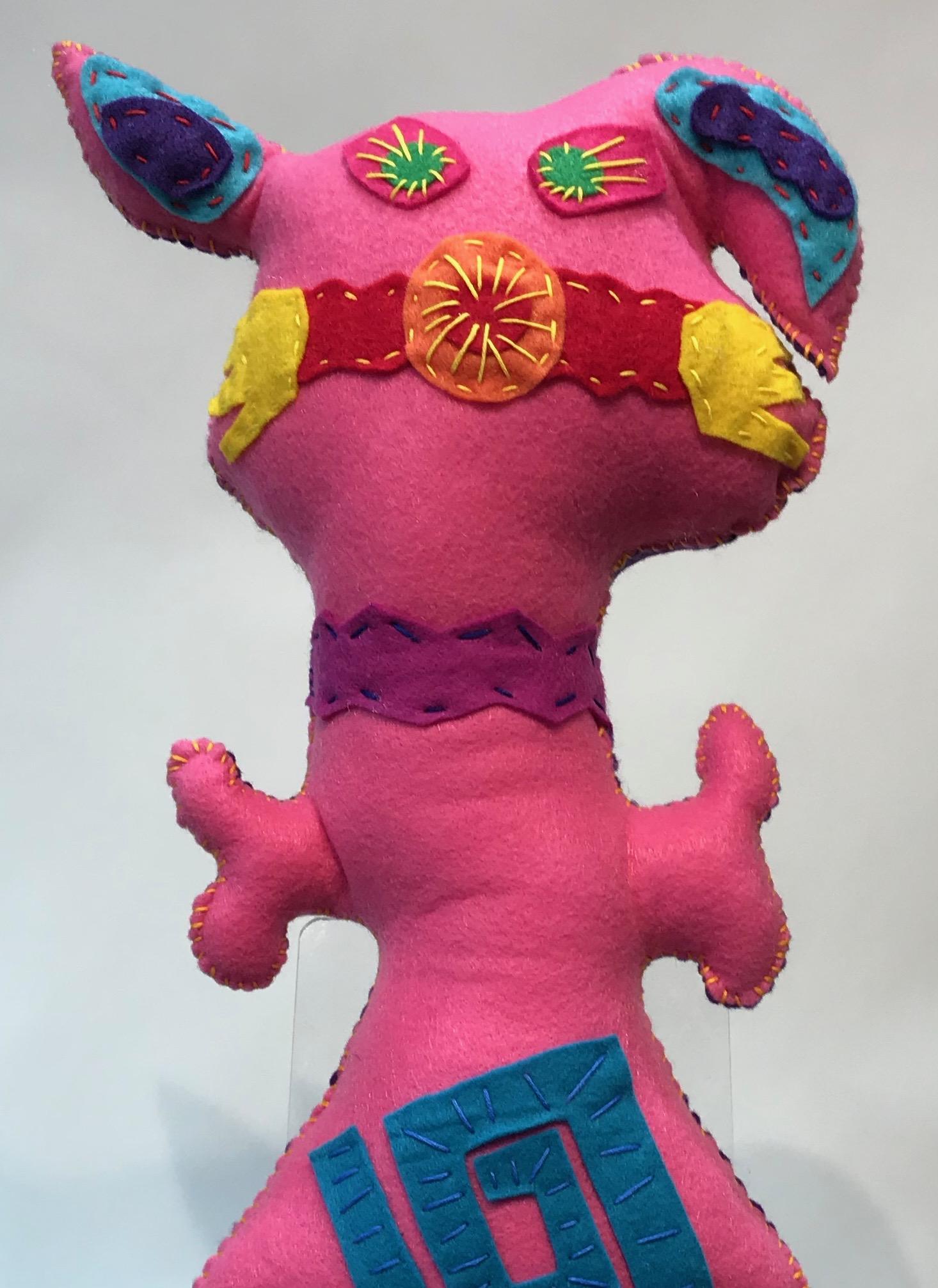 Free Range Critter, soft sculpture, felt, pink, pig, purple, floppy ears, spiral - Sculpture by Kerry Green