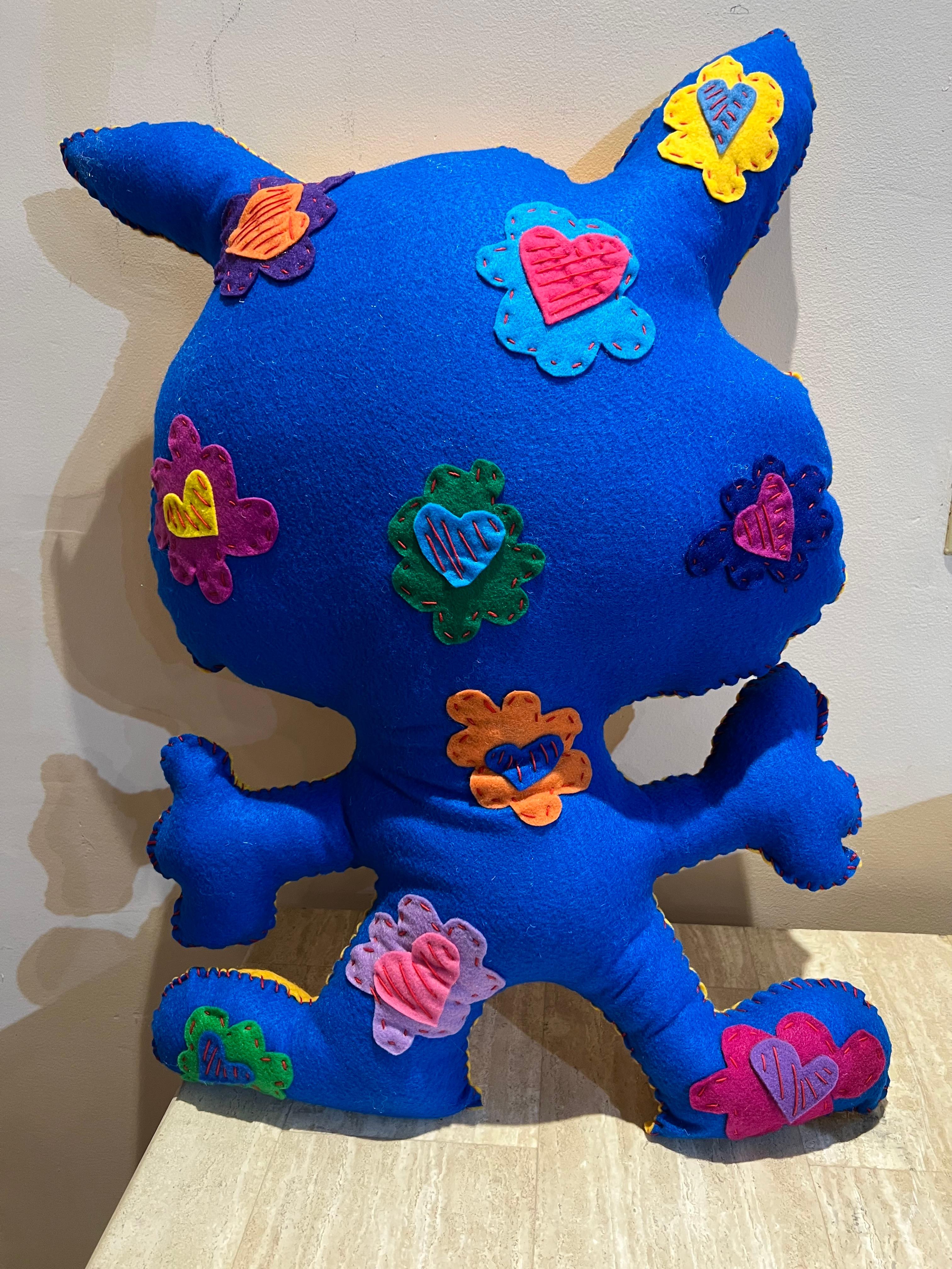 Free Range Critter, soft sculpture, Kerry Green, Santa Fe, yellow, blue, hearts 1