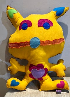 Free Range Critter, soft sculpture, Kerry Green, Santa Fe, yellow, blue, hearts