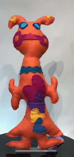 Free Range Critter, soft sculpture, orange, pink, hearts, spirals, hand stitched