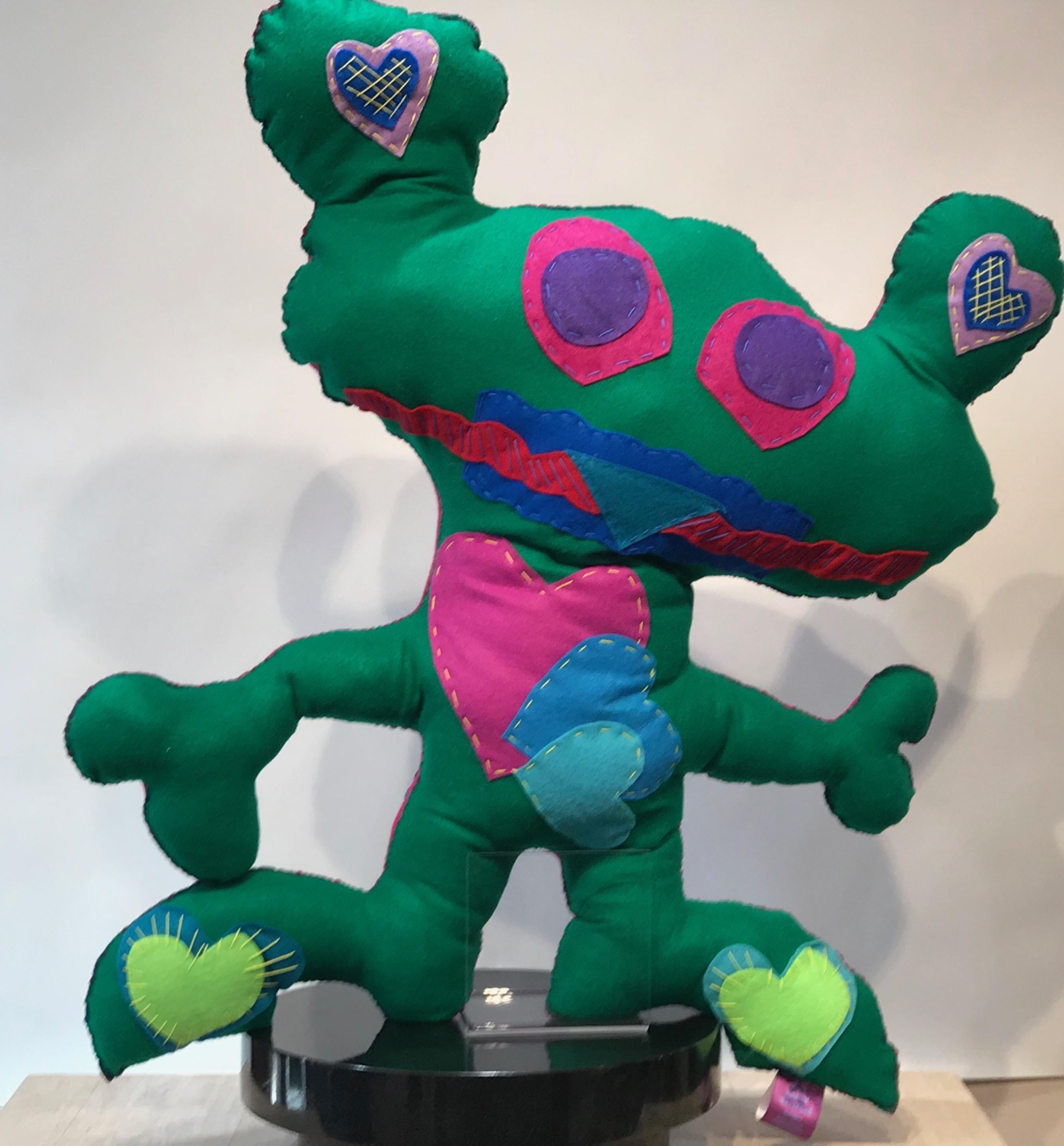 Kerry Green Abstract Sculpture - Giant Green Free Range Critter, soft sculpture, felt, green, pink, hearts