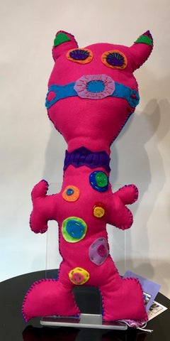 Pink and Blue Free Range Critter, soft sculpture, felt, recycled materials, spot