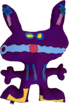 Purple and Turquoise Free Range Critter, by Kerry Green, soft sculpture, flowers