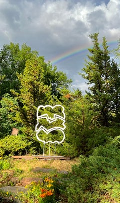 Storm, sculpture by Kerry Green, aluminum, silver, stacked, totem, outdoor