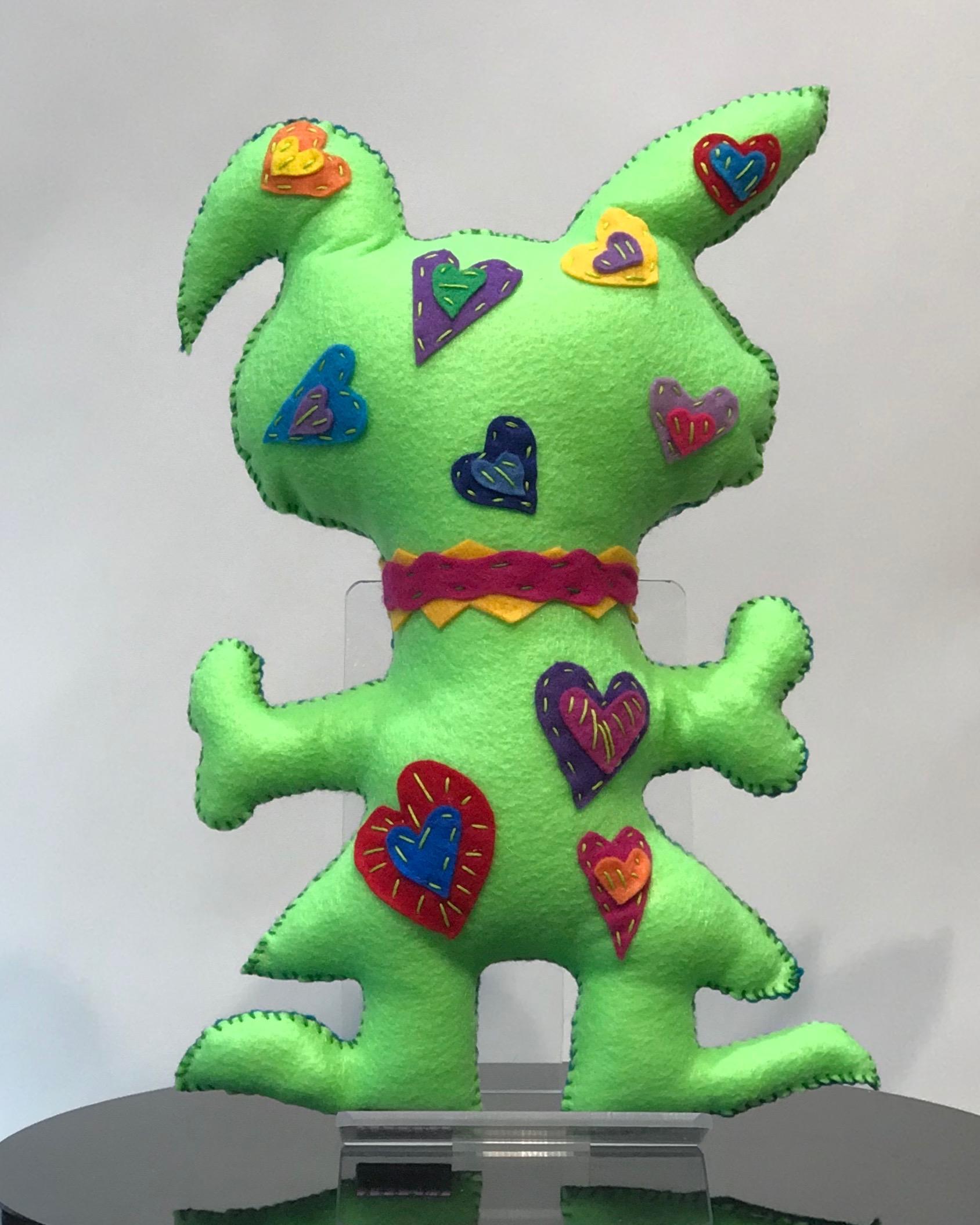 Teal and Lime Free Range Critter, soft sculpture, felt, recycled materials 1