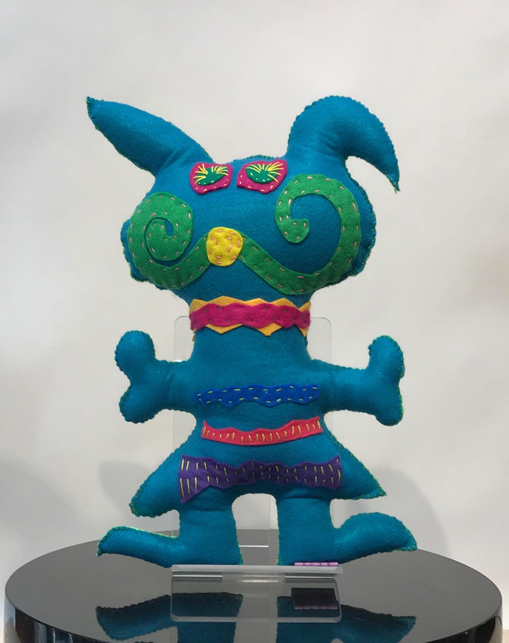 Kerry Green Figurative Sculpture - Teal and Lime Free Range Critter, soft sculpture, felt, recycled materials