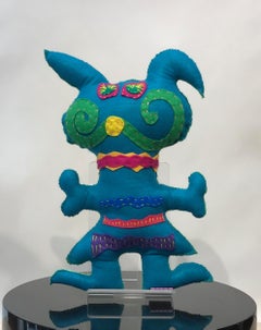 Teal and Lime Free Range Critter, soft sculpture, felt, recycled materials