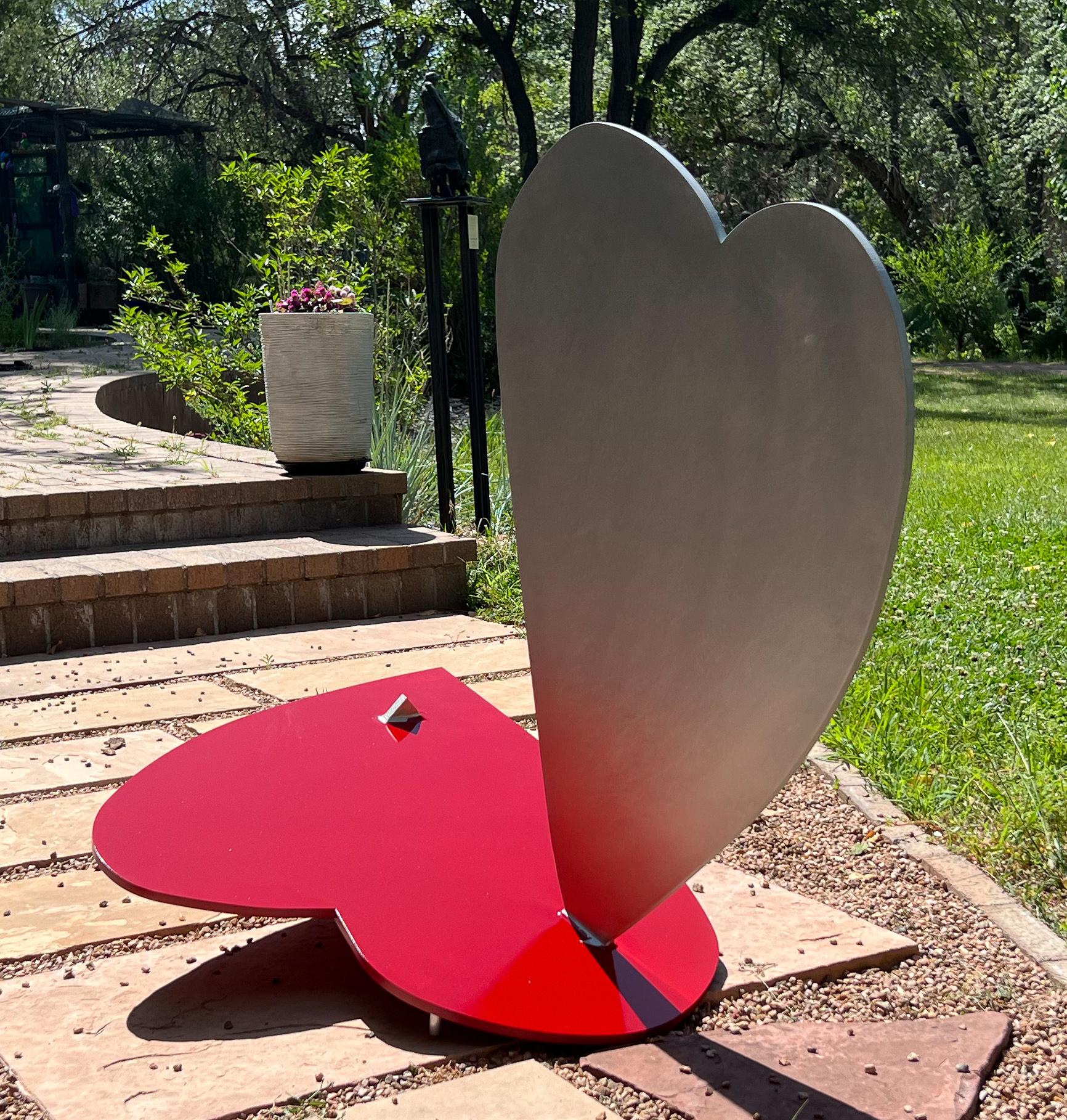 Three Balancing Hearts, sculpture, by Kerry Green, Santa Fe, red, silver, outside For Sale 1
