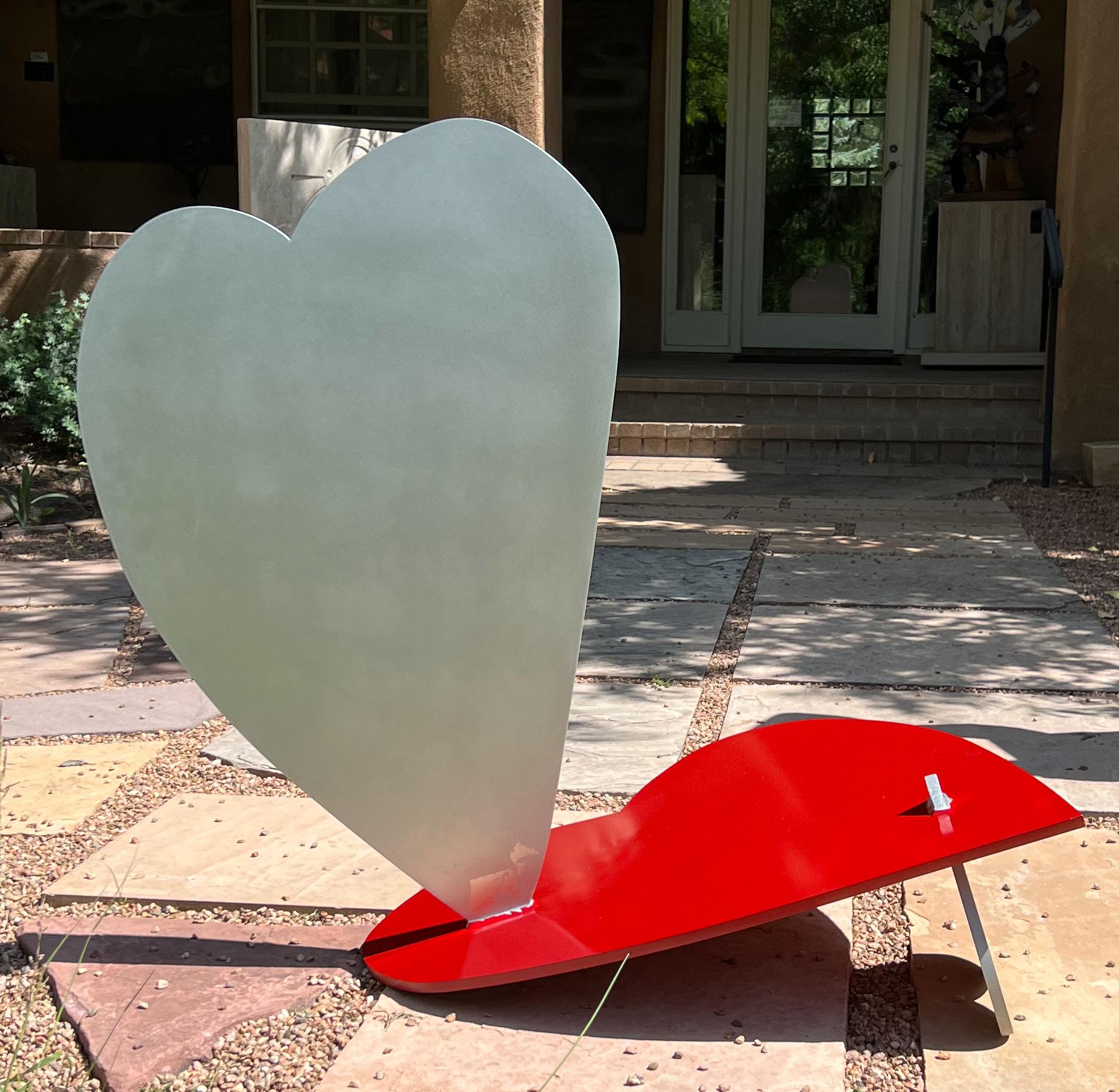 Three Balancing Hearts, sculpture, by Kerry Green, Santa Fe, red, silver, outside For Sale 2