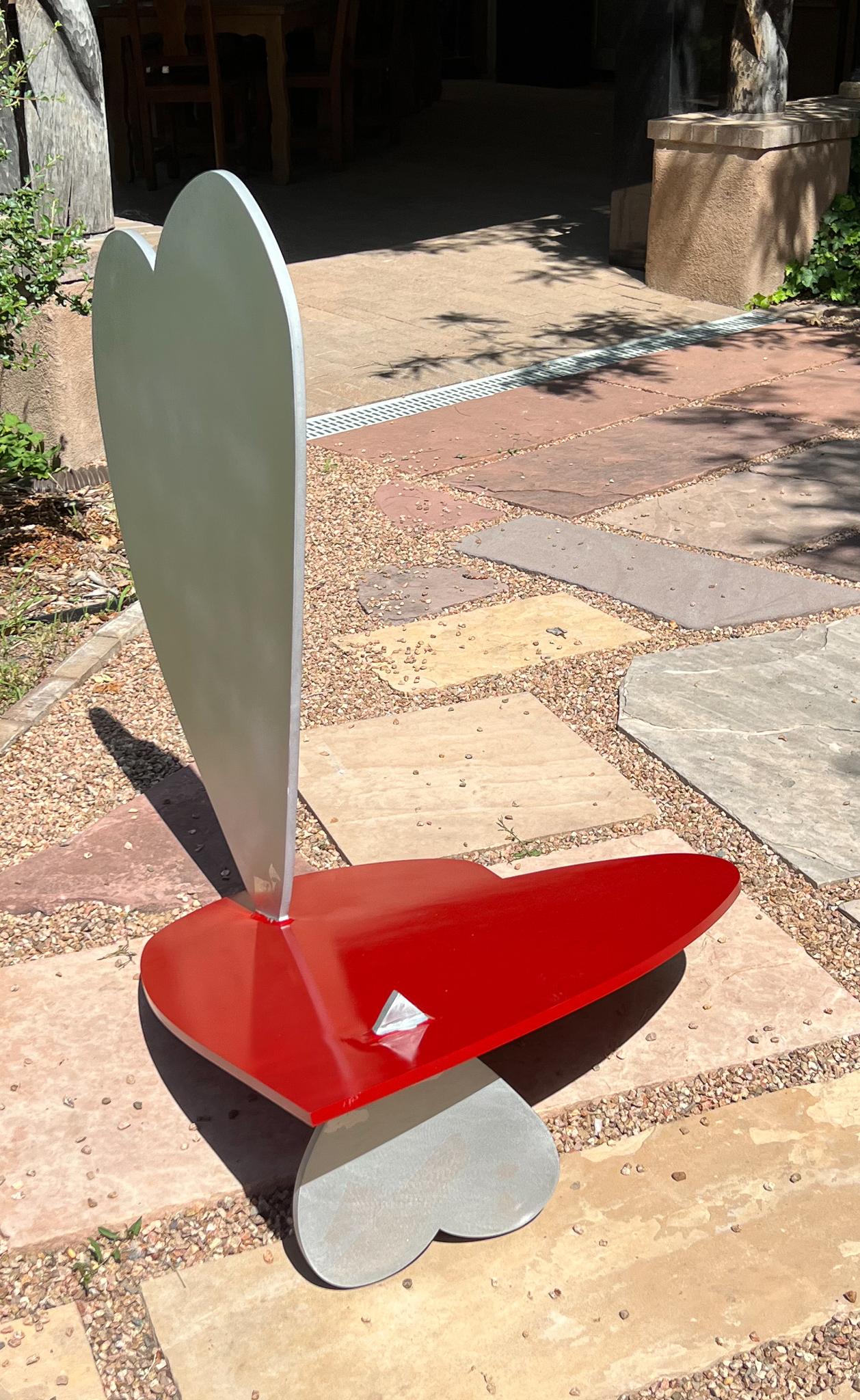 Three Balancing Hearts, sculpture, by Kerry Green, Santa Fe, red, silver, outside For Sale 3