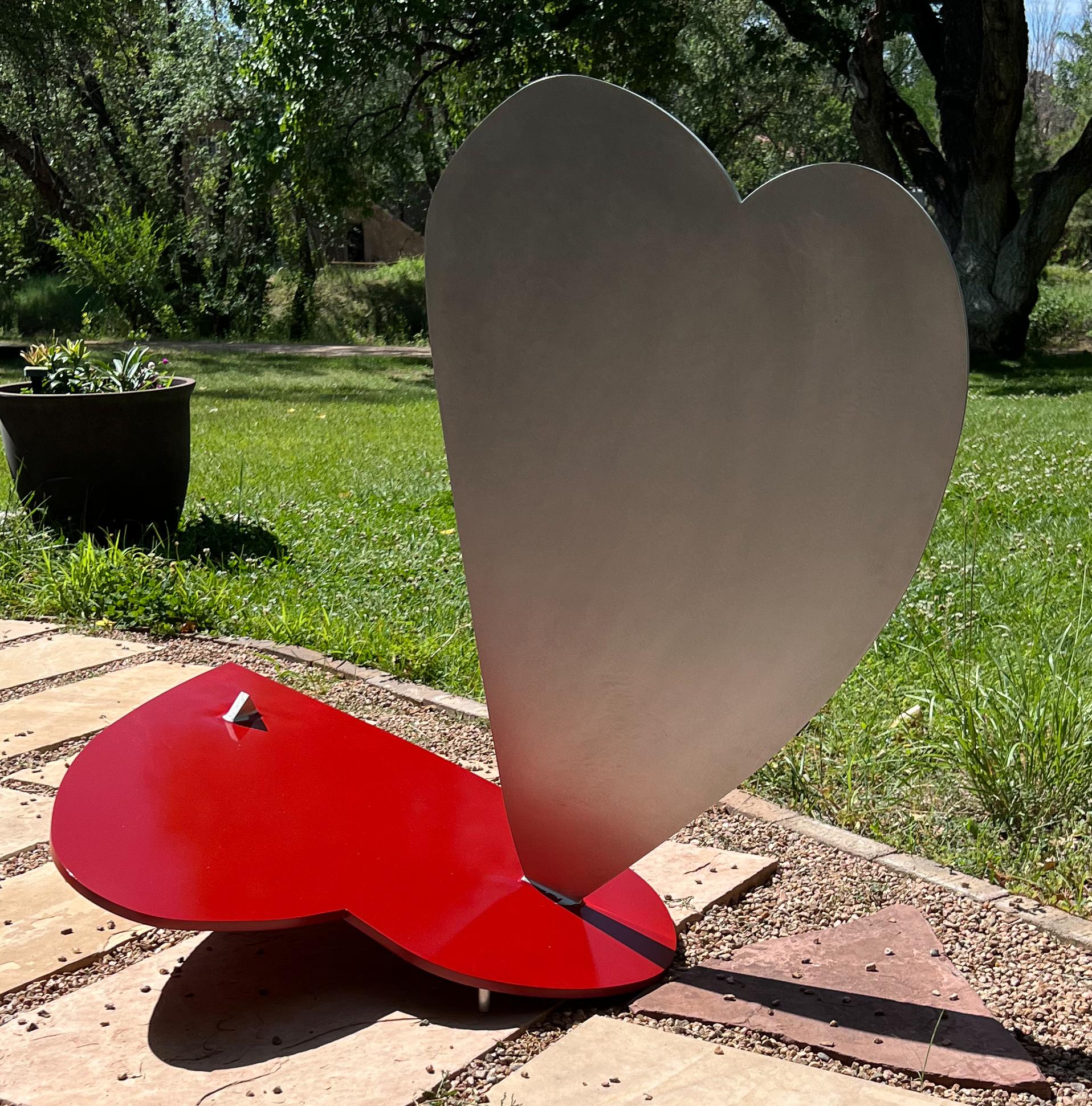 Three Balancing Hearts, sculpture, by Kerry Green, Santa Fe, red, silver, outside For Sale 4