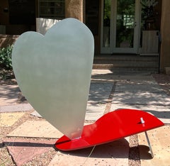 Three Balancing Hearts, sculpture, by Kerry Green, Santa Fe, red, silver, outside