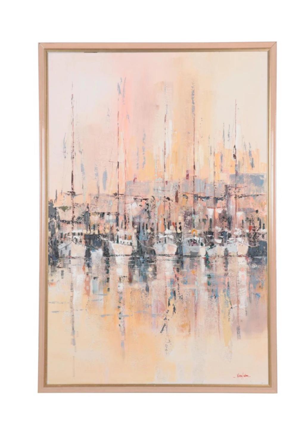 Large signed Kerry Hallam abstract harbor scene of sail boats in the distance, on the water, as the afternoon sun sets from view. A very calming painting made of oil on canvas in muted colors of peach, pink, blue and tan. Framed artwork measures
