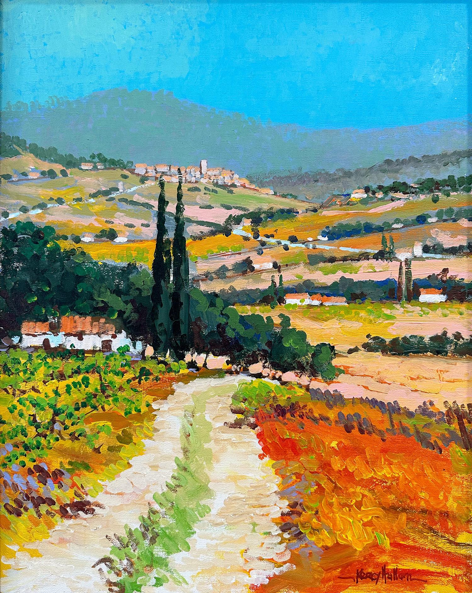 The result is a refreshing view from his Tuscany scenes. The Italian pathway is depicted with much vibrancy and energy as the trees and mountains are depicted loosely in the background under an almost turquoise skyline. We are drawn into the view