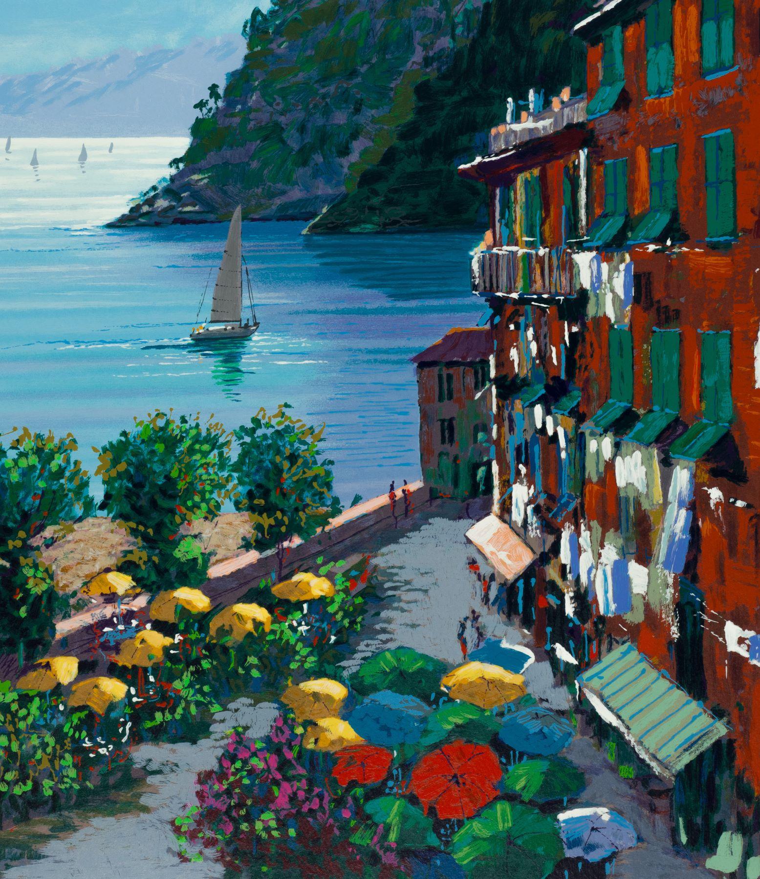 Cinqueterre is a serigraph on paper, image size 32 x 27 inches, signed ‘Kerry Hallam’ lower right and numbered lower left. From the edition of 500, numbered XXXIX/L (there were also 200 Arabic plus 250 on canvas). Framed in a gold-tone, oak-leaf