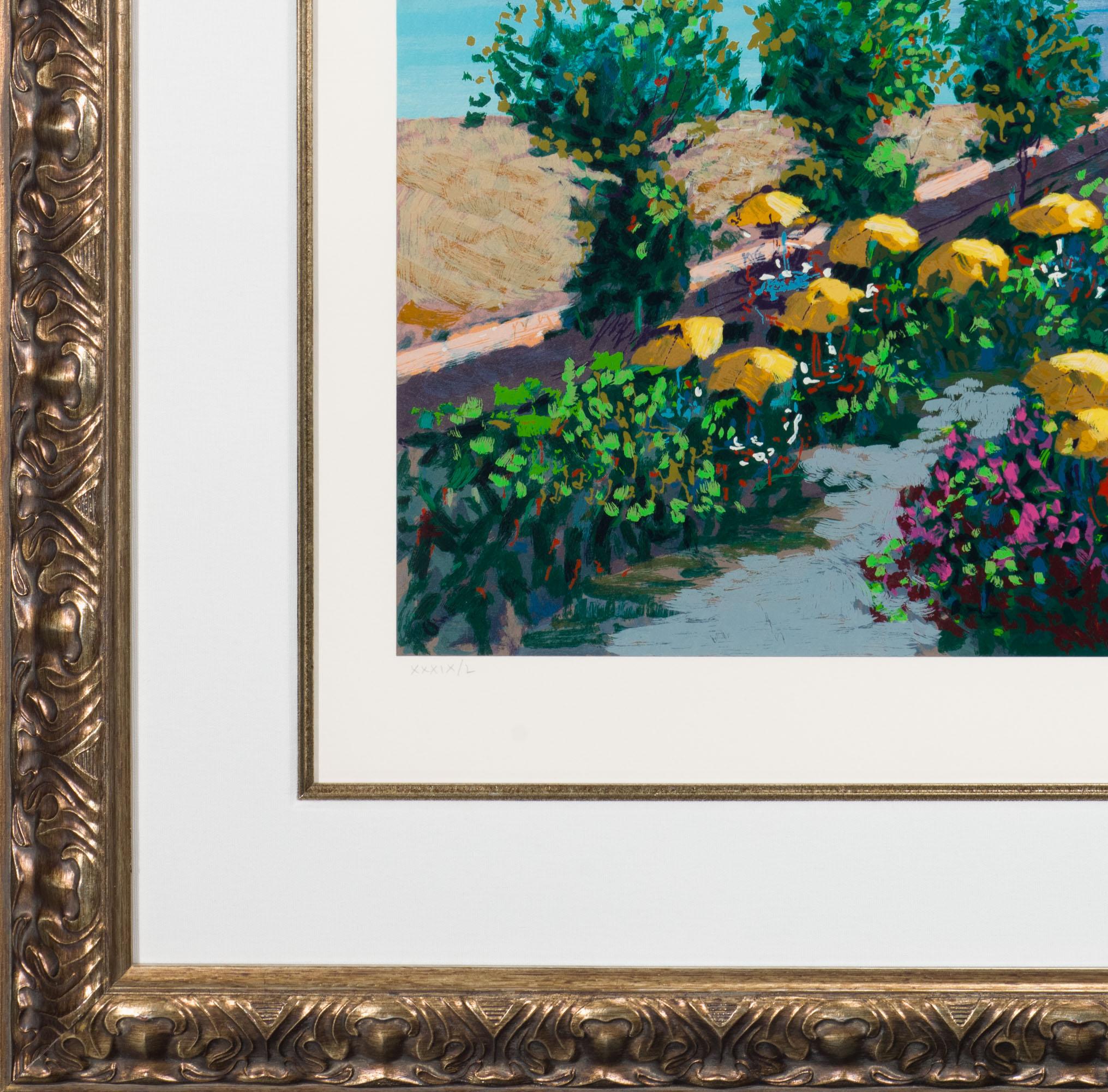 Cinqueterre is a serigraph on paper, image size 32 x 27 inches, signed ‘Kerry Hallam’ lower right and numbered lower left. From the edition of 500, numbered XXXIX/L (there were also 200 Arabic plus 250 on canvas). Framed in a gold-tone, oak-leaf