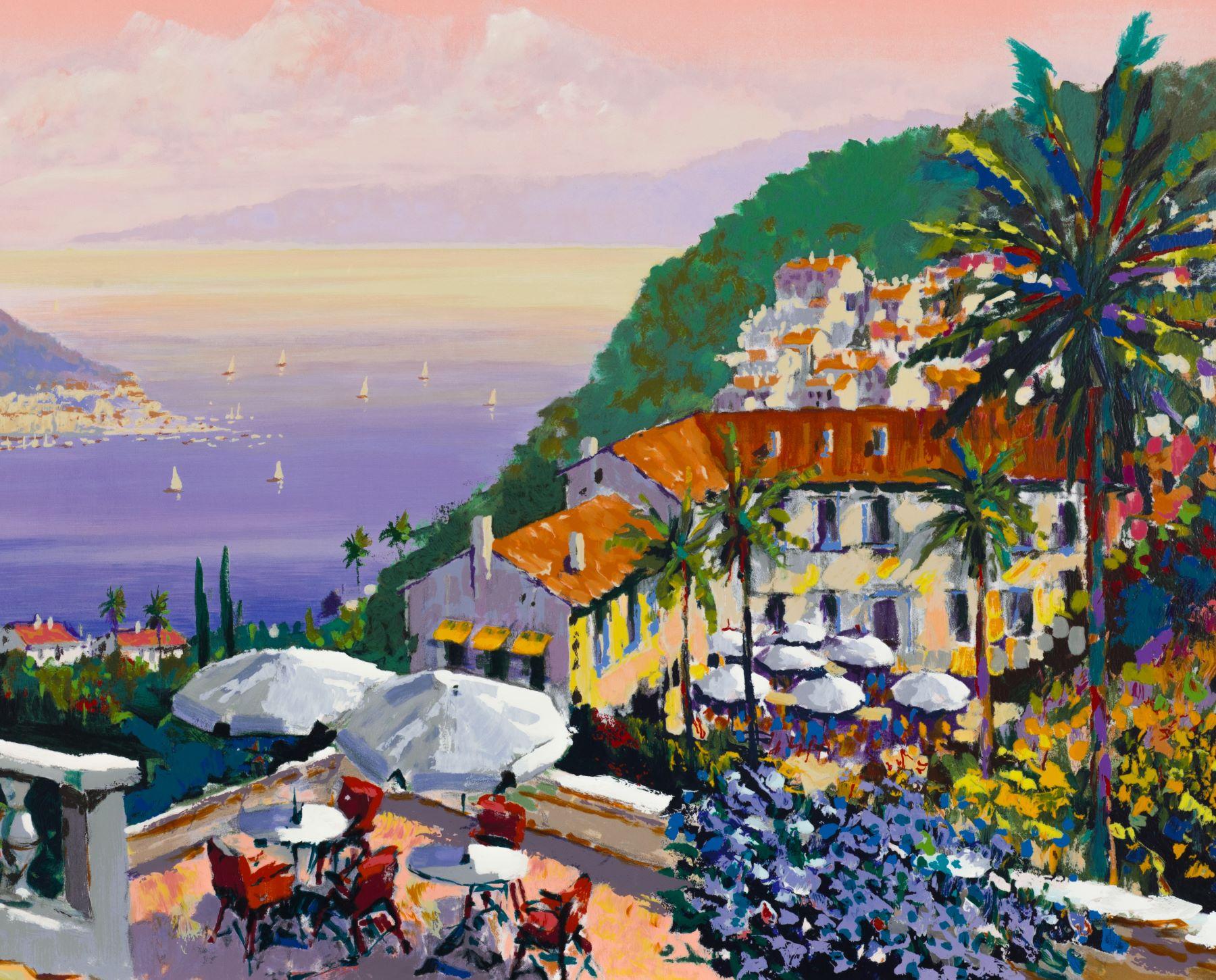 Crescent Bay is a serigraph on paper, image size 25 x 50 inches, signed ‘Kerry Hallam’ lower right and numbered lower left. From the edition of 500, numbered CXXVII/CL (there were also 175 Arabic, 25 APs and 150 on canvas), and framed in a classic,