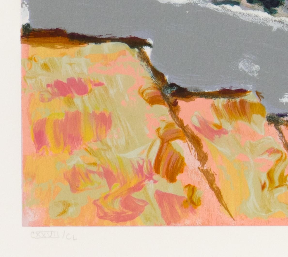 Crescent Bay is a serigraph on paper, image size 25 x 50 inches, signed ‘Kerry Hallam’ lower right and numbered lower left. From the edition of 500, numbered CXXVII/CL (there were also 175 Arabic, 25 APs and 150 on canvas), and framed in a classic,