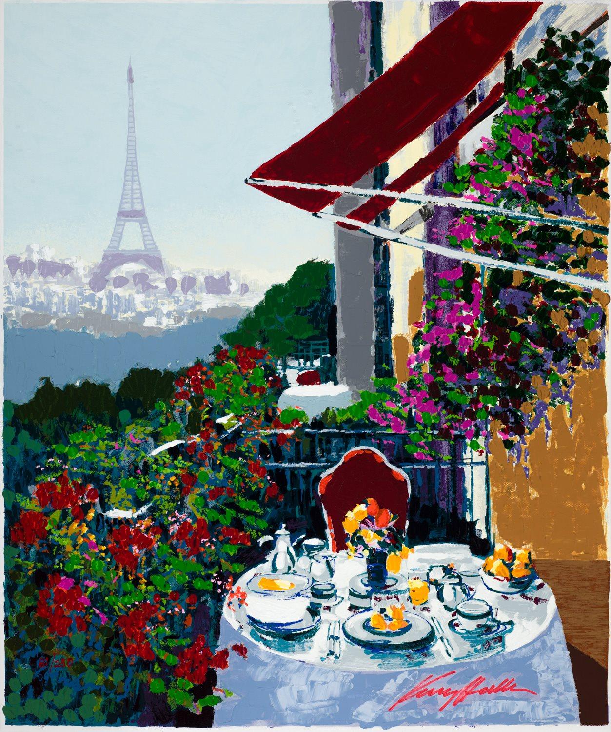 Paris Sunrise is a hand-enhanced serigraph on canvas, image size 25 x 21 inches, signed ‘Kerry Hallam’ lower right and annotated lower left. From the edition of 281, numbered 81/250 (there were also 10 AP), and framed in a classic, gold-tone