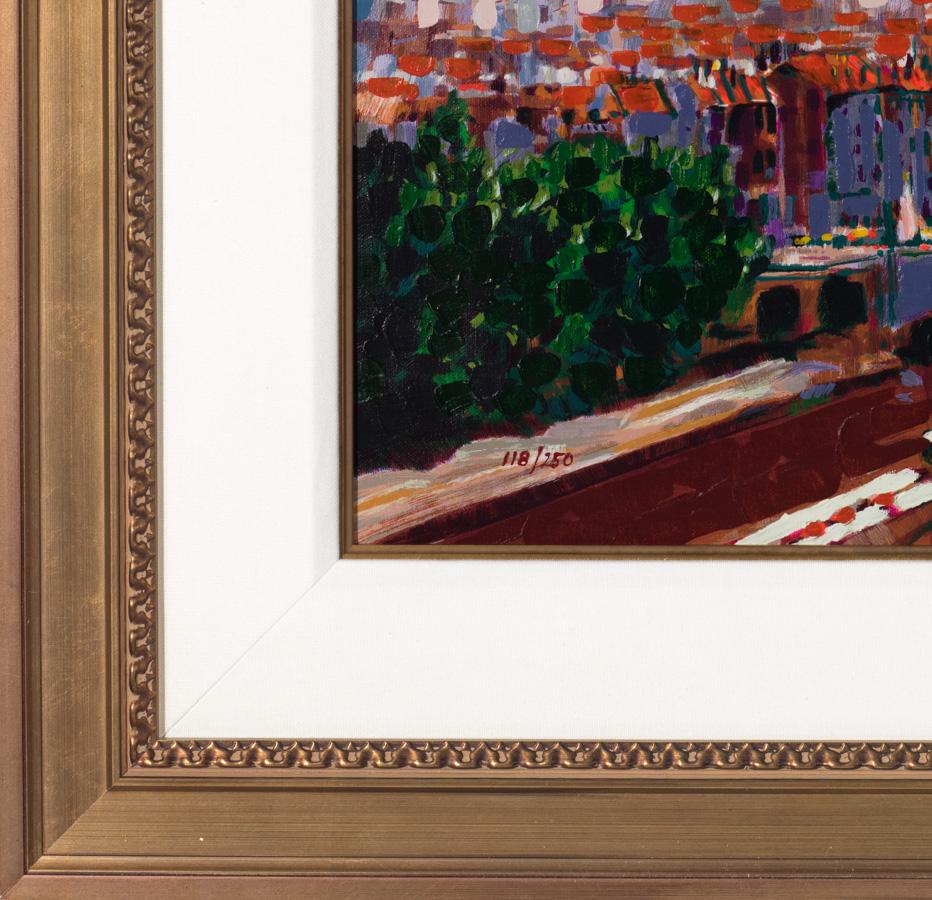 Paris Sunset is a deluxe, hand-enhanced serigraph on canvas, 21 x 28 inches and framed in a classic, gold-tone frame. Signed 'Kerry Hallam' lower right and numbered 118/250 lower left. From the edition of 500 (there were also 50 Roman and 200 Arabic