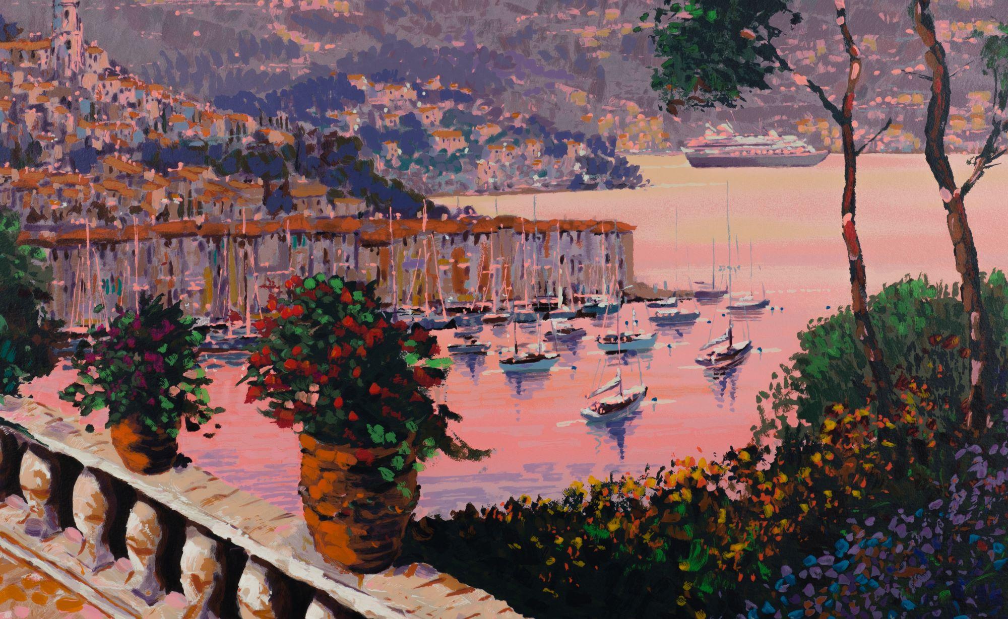 Portofino Evening is a serigraph on paper, image size 27 x 36 inches, signed ‘Kerry Hallam’ lower right and numbered lower left. From the edition of 500, numbered 171/ 175 (there were also 25 APs, 150 Roman, and 150 on canvas). Framed in a classic,