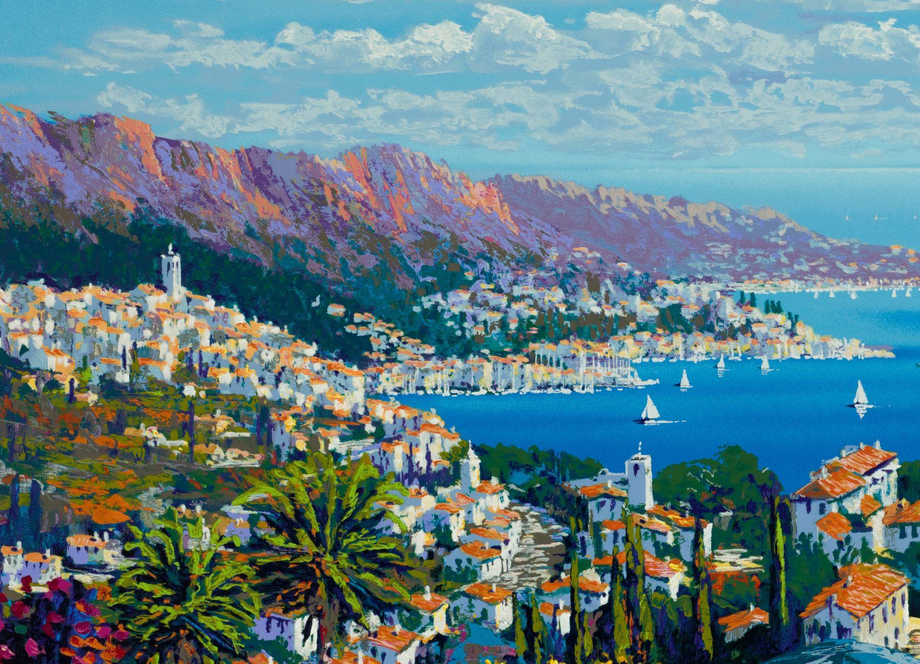 Sur la Côte is a serigraph on paper, image size 29 x 36 inches, signed ‘Kerry Hallam’ lower right and numbered lower left. From the edition of 550, numbered 190/250 (there were also 200 Roman, 25 APs, and 75 on canvas), framed in a classic,