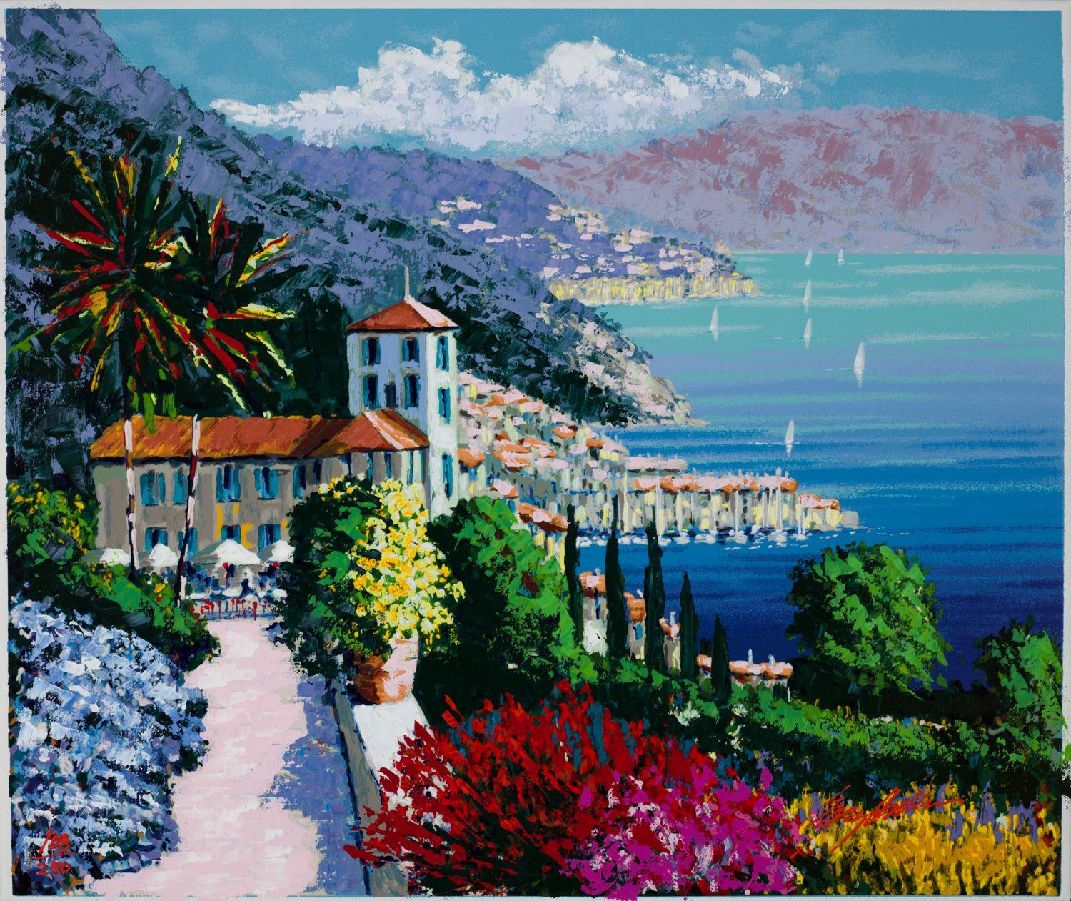 Via Fiore from the ‘La Dolce Vita’ suite is a hand-enhanced serigraph on canvas, image size 18.5 x 22 inches, signed ‘Kerry Hallam’ lower right and annotated lower left. From the edition of 260, numbered 108/250 (there were also 10 AP), and framed