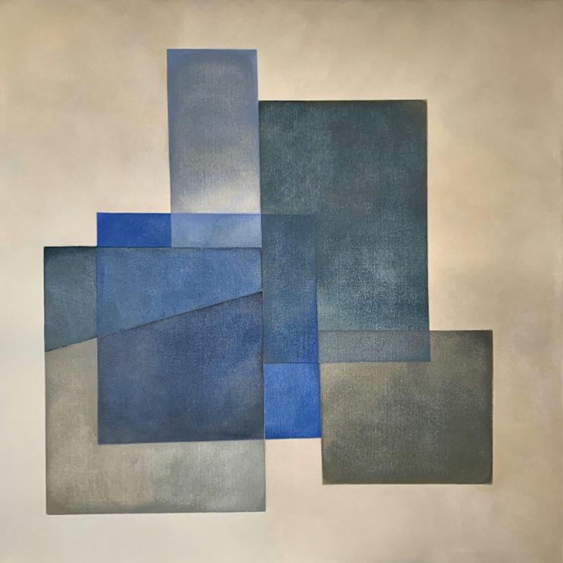 "Reactions XXXII" geometric abstract painting featuring tan, blue and grey hues.
Kerry Hays is inspired by the work of Josef Albers, Helen Frankenthaler, Agnes Martin and Barbara Hepworth.

A native of Washington, D.C., Kerry Hays is an emerging