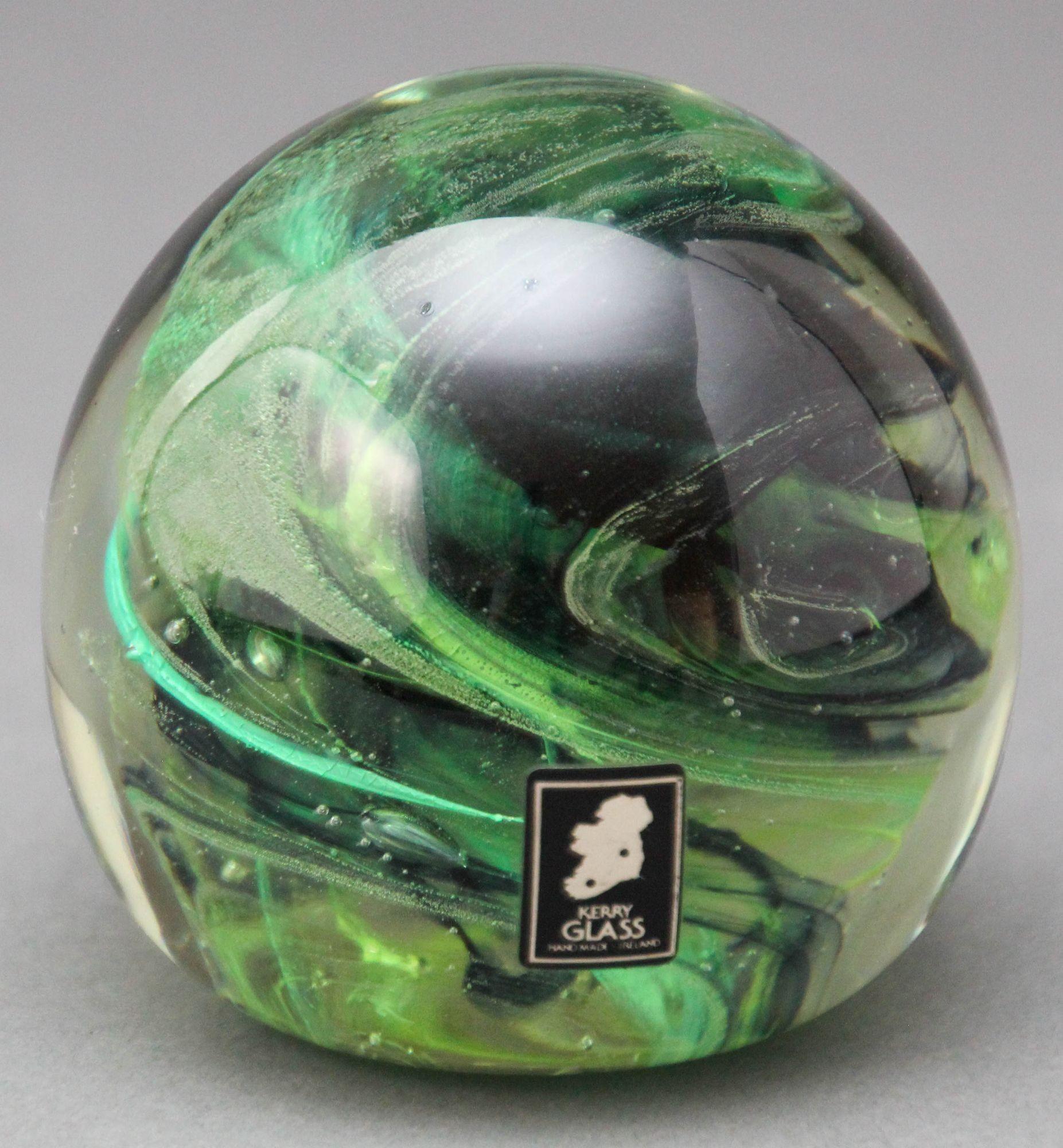 Mid-Century Modern KERRY Irish Art Glass Paperweight Hand Blown in a Jade to Emerald Green 1980s For Sale