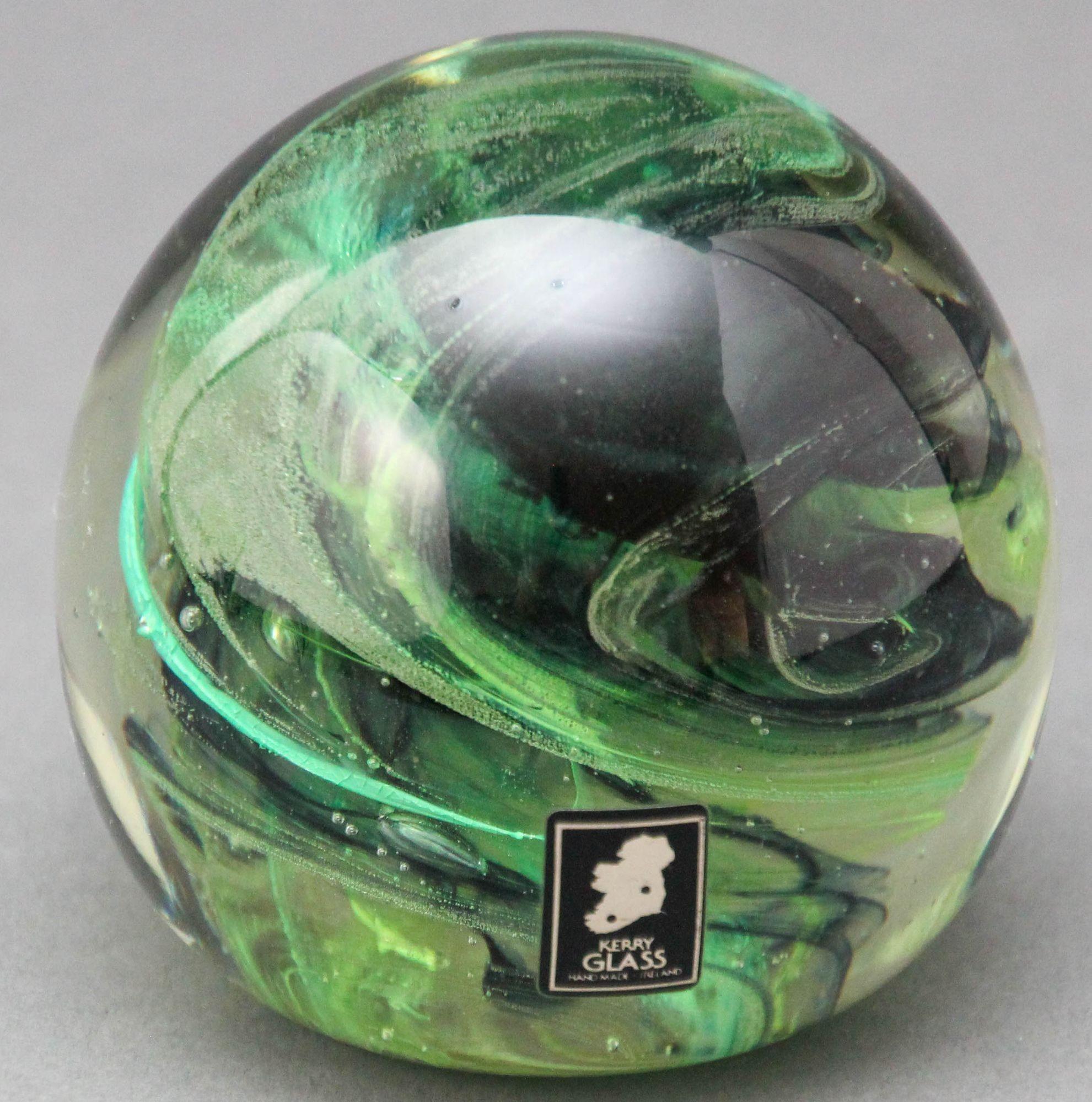 Hand-Crafted KERRY Irish Art Glass Paperweight Hand Blown in a Jade to Emerald Green 1980s For Sale