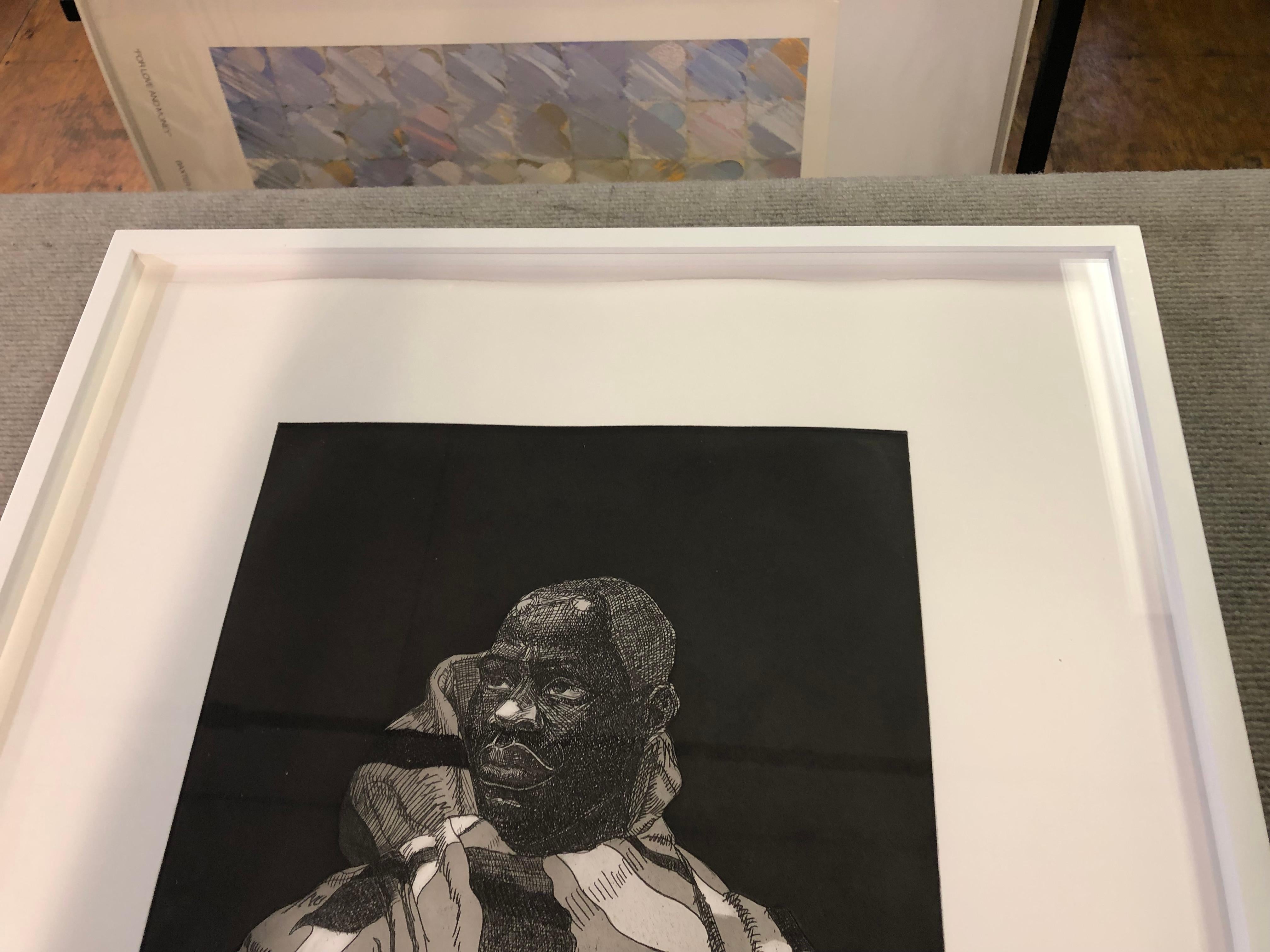 Questo pezzo, Untitled (Handsome Young Man) di Kerry James Marshall, è un'acquaforte su fondo duro con acquatinta, firmata a mano, intitolata, datata e numerata da Marshall su un'edizione di 50 esemplari. Stampata su carta bianca Somerset e