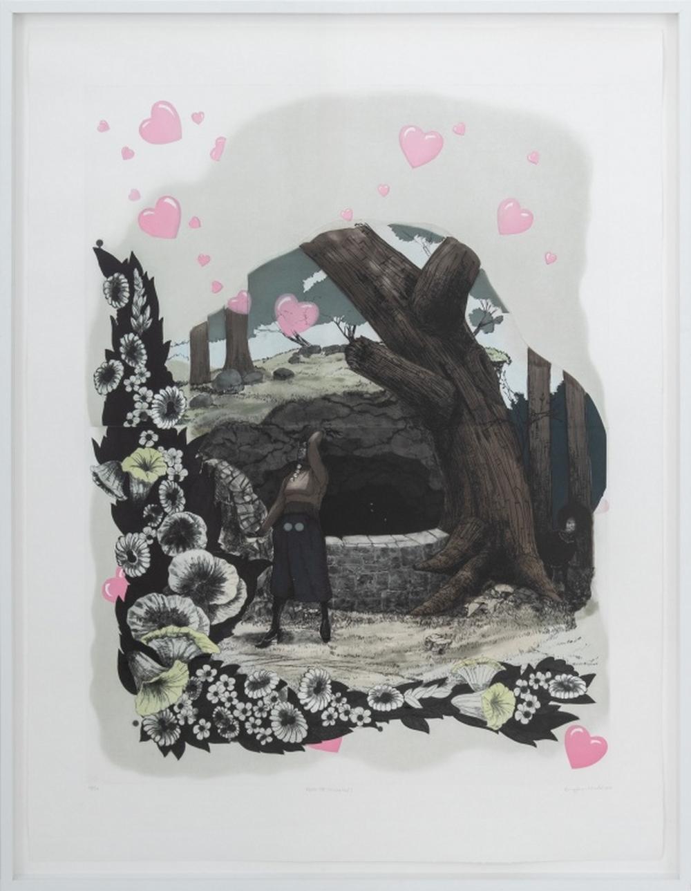 Kerry James Marshall (American, b. 1955), "Vignette (Wishing Well)", 
Etching and Aquatint on Paper, 2010, with scraping and burnishing, collage and hand-coloring, published Paulson Bott Press, Berkeley for the Metropolitan Museum of Art, New York.