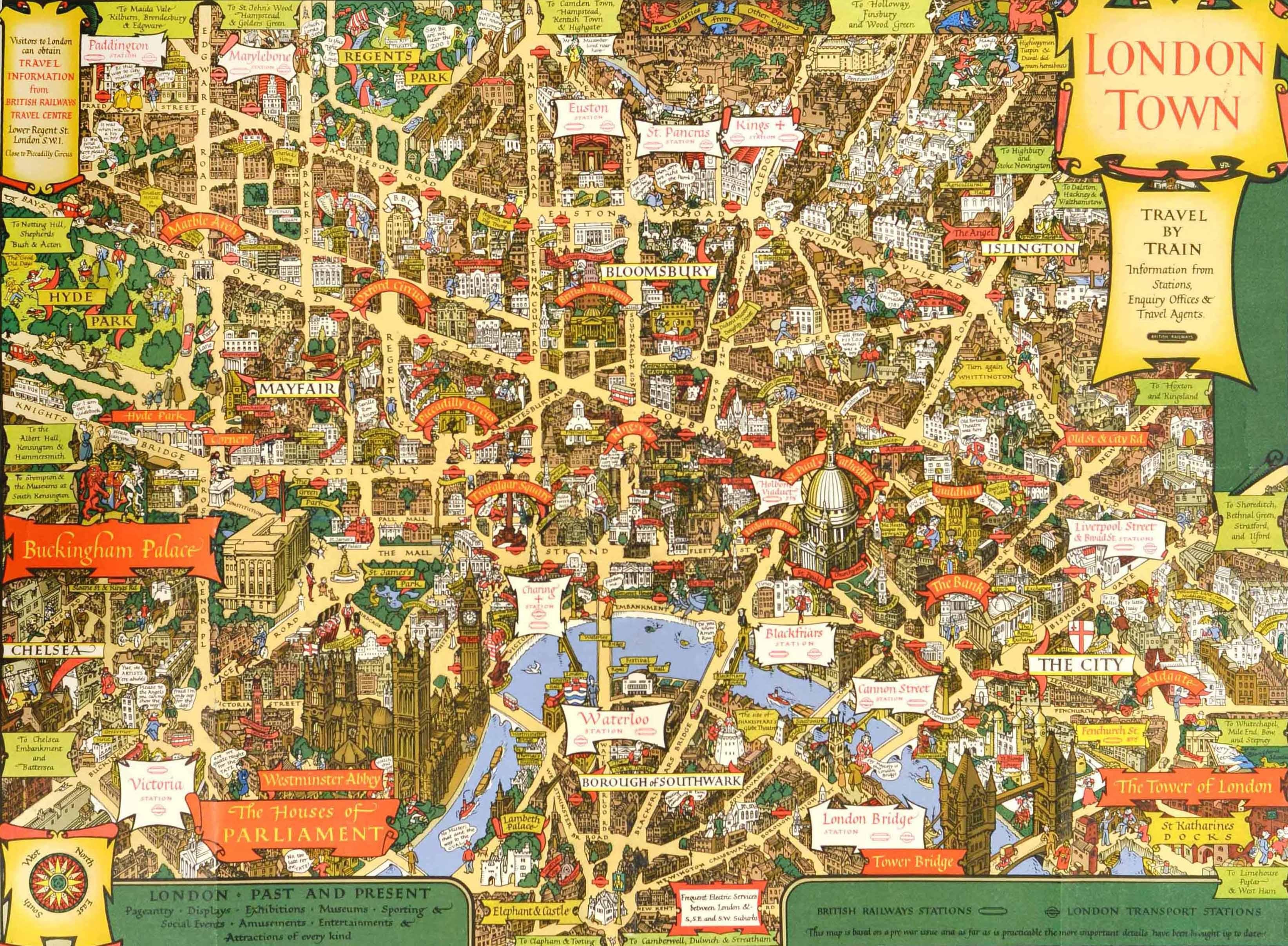 Original vintage Travel By Train map poster for London Town by the British artist, illustrator and poster designer Kerry Lee (1902-1988) featuring a detailed pictorial map of central London with captions including notable and historical buildings,