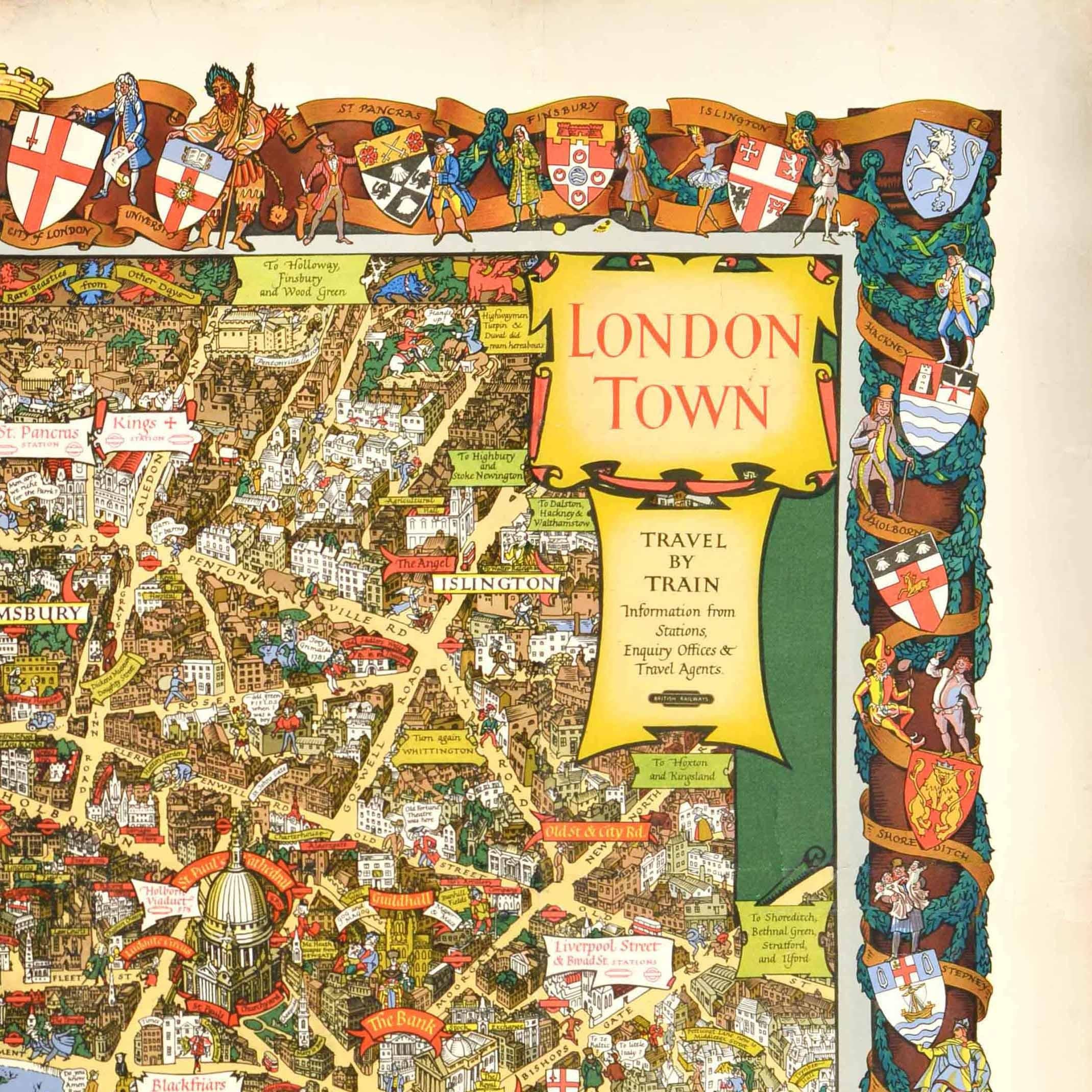 Original Vintage Travel By Train London Town Pictorial Map Poster Kerry Lee For Sale 2
