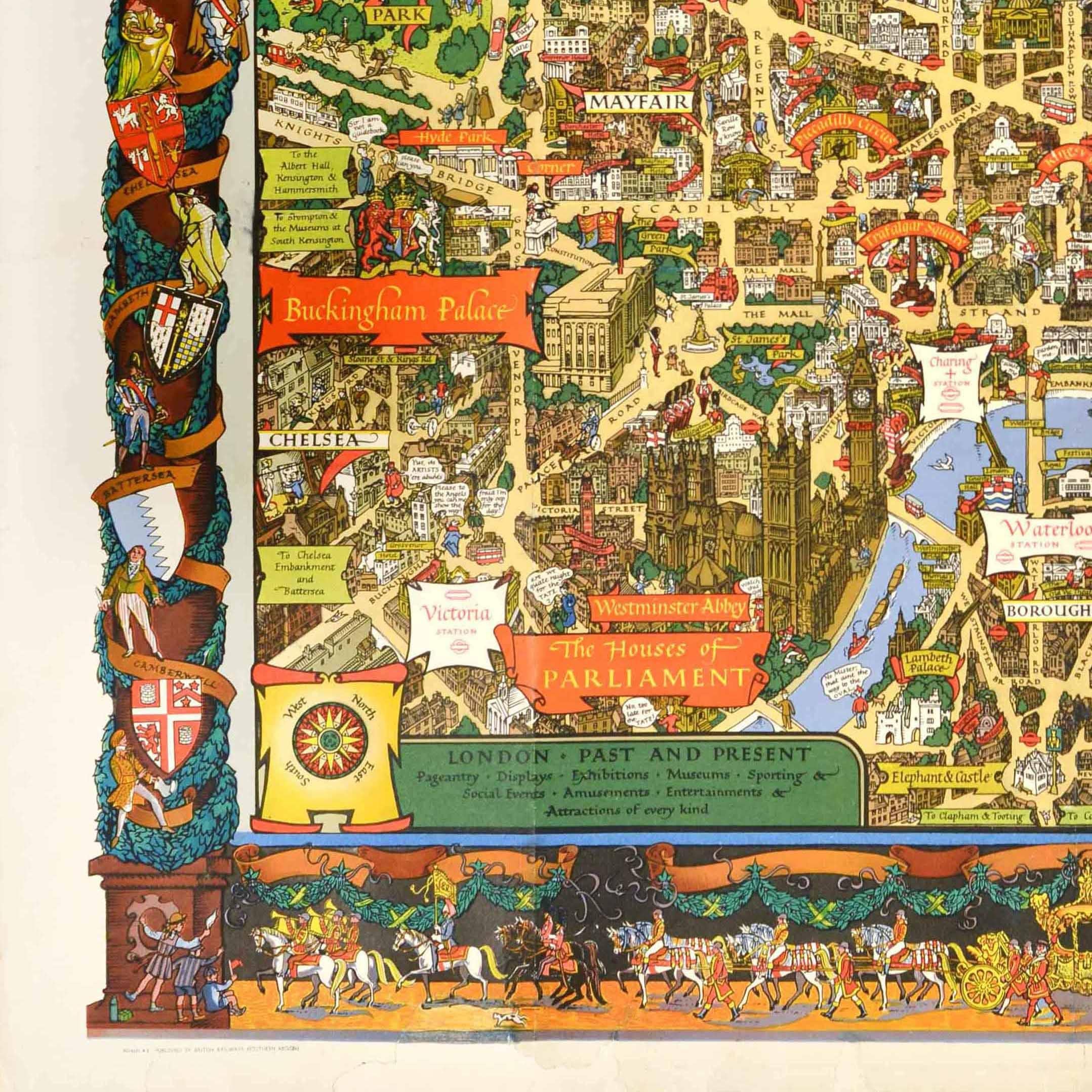 Original Vintage Travel By Train London Town Pictorial Map Poster Kerry Lee For Sale 3