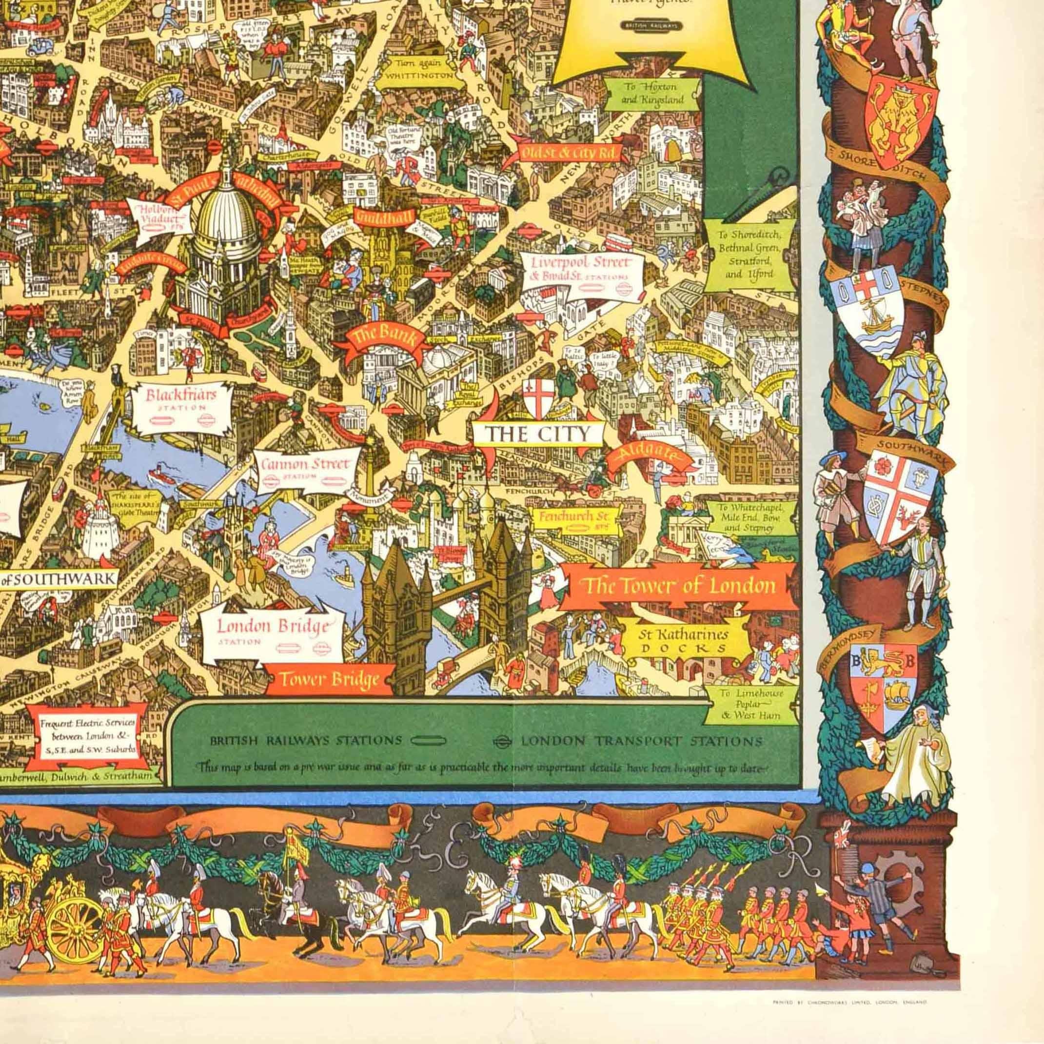 Original Vintage Travel By Train London Town Pictorial Map Poster Kerry Lee For Sale 4