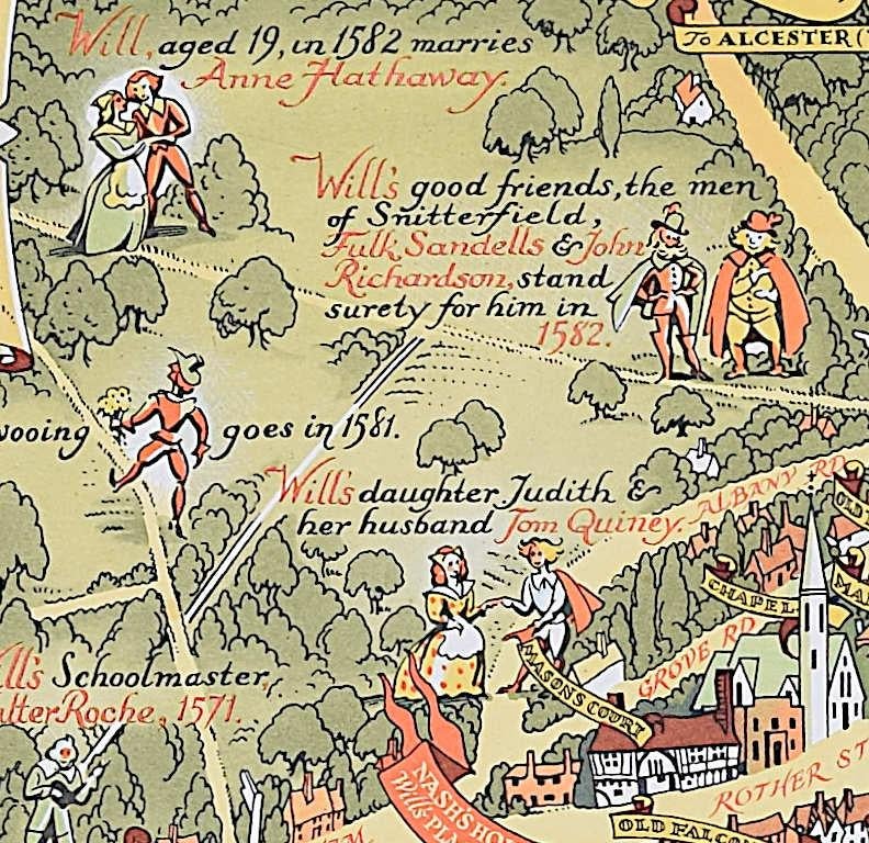 La vita di Shakespeare e la mappa di Stratford-upon-Avon, litografia di Kerry Lee in vendita 3