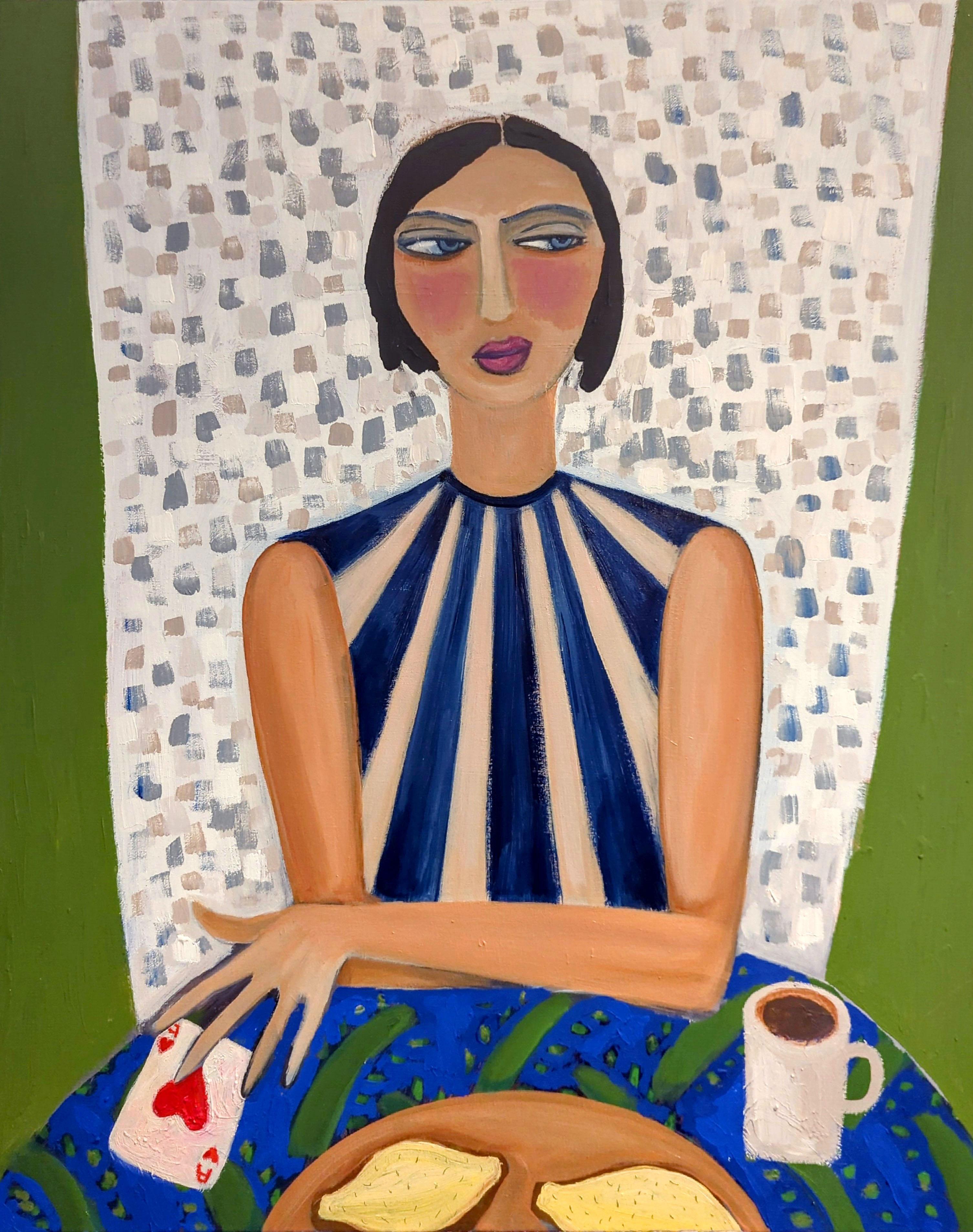 Kerry Louise Bennett Figurative Painting – Aced It, Originalgemälde, Zeitgenössisches Porträt, Lebensmittelkunst, Kaffee und Karten