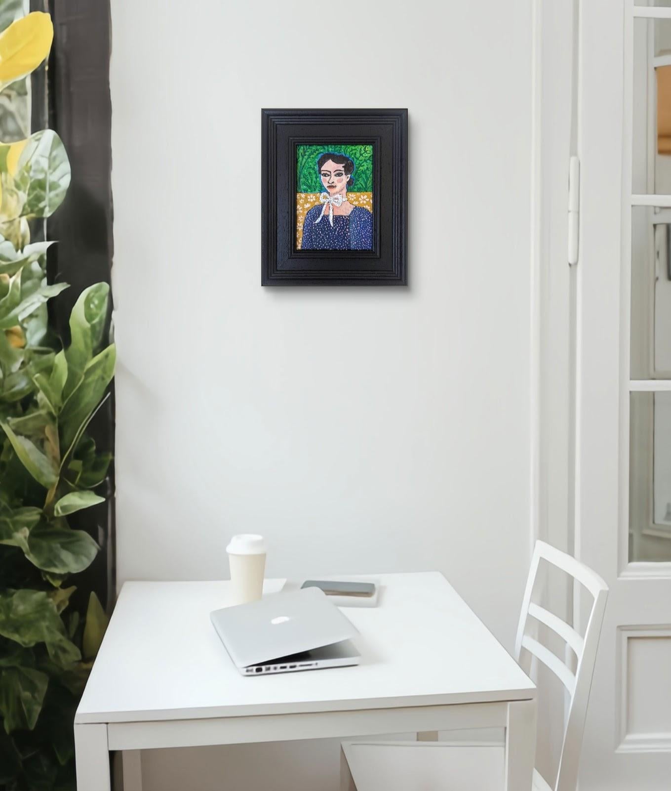 Fancy Ribbon, Porträt, zeitgenössisch, Originalgemälde (Blau), Portrait Painting, von Kerry Louise Bennett