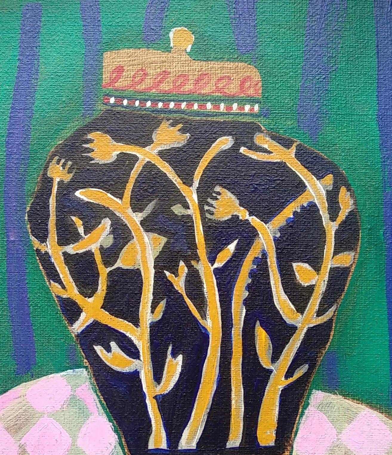 Joyeux pot de gingembre dans une pièce colorée, cette pièce s'inspire un peu de Matisse avec le mur rayé et les motifs organiques du vase. Peint à l'acrylique sur une toile aux bords très profonds, le cadre en bois teinté foncé (brun-noir) a une