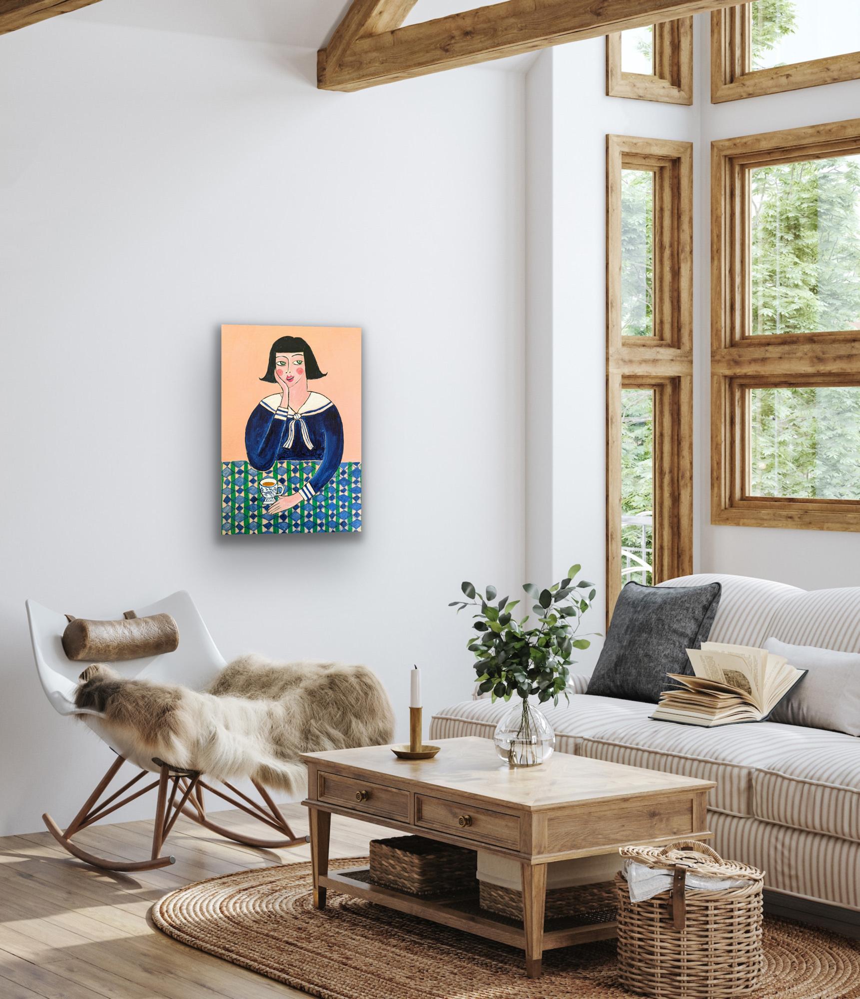Hello Sailor, quadro originale, ritratto, astratto, contemporaneo - Portrait Painting Arancia di Kerry Louise Bennett