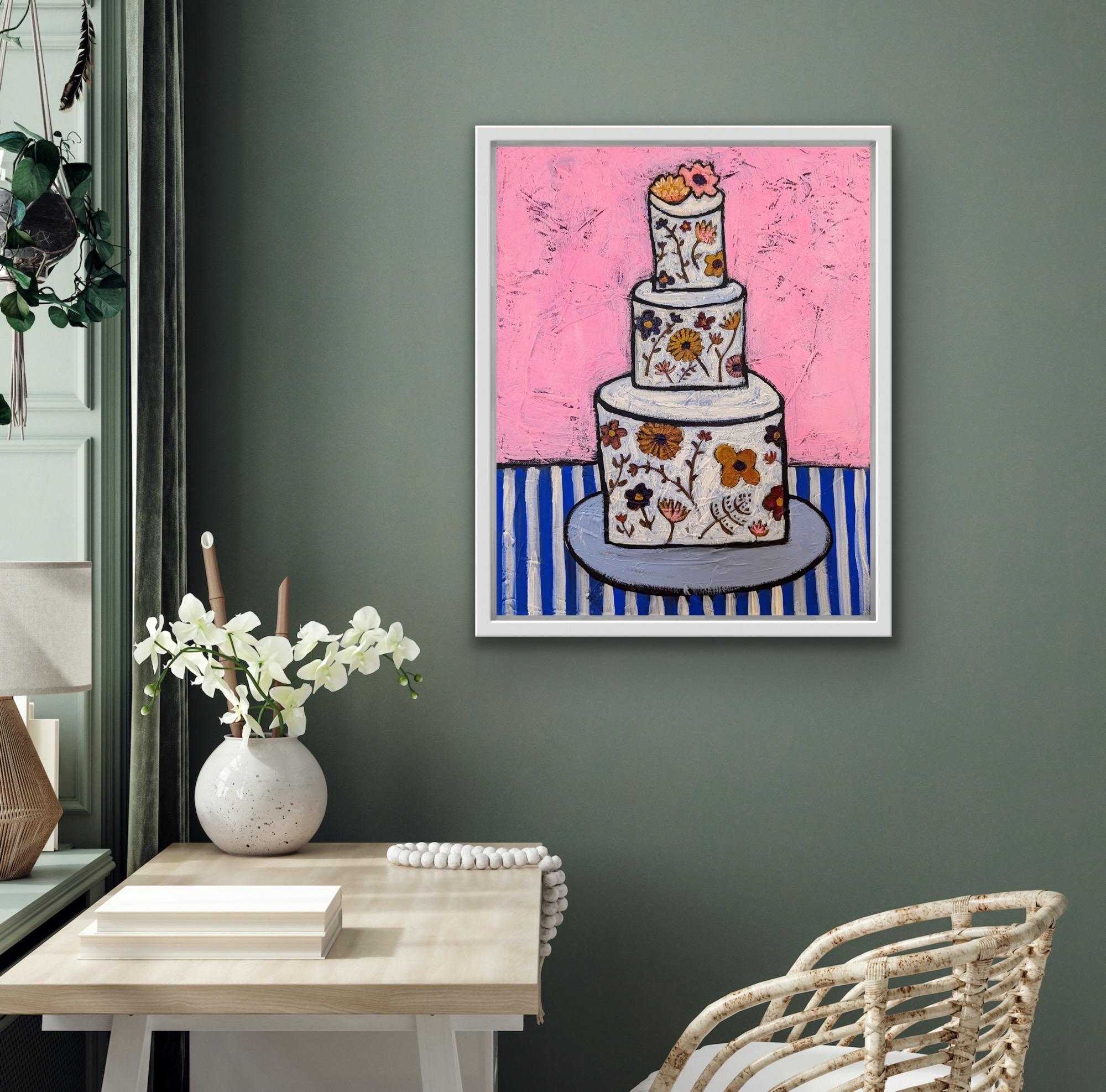 Incredible Edible Flower Cake, Bright Still Life Food Art, Contemporary Pop Art - Purple Interior Painting by Kerry Louise Bennett